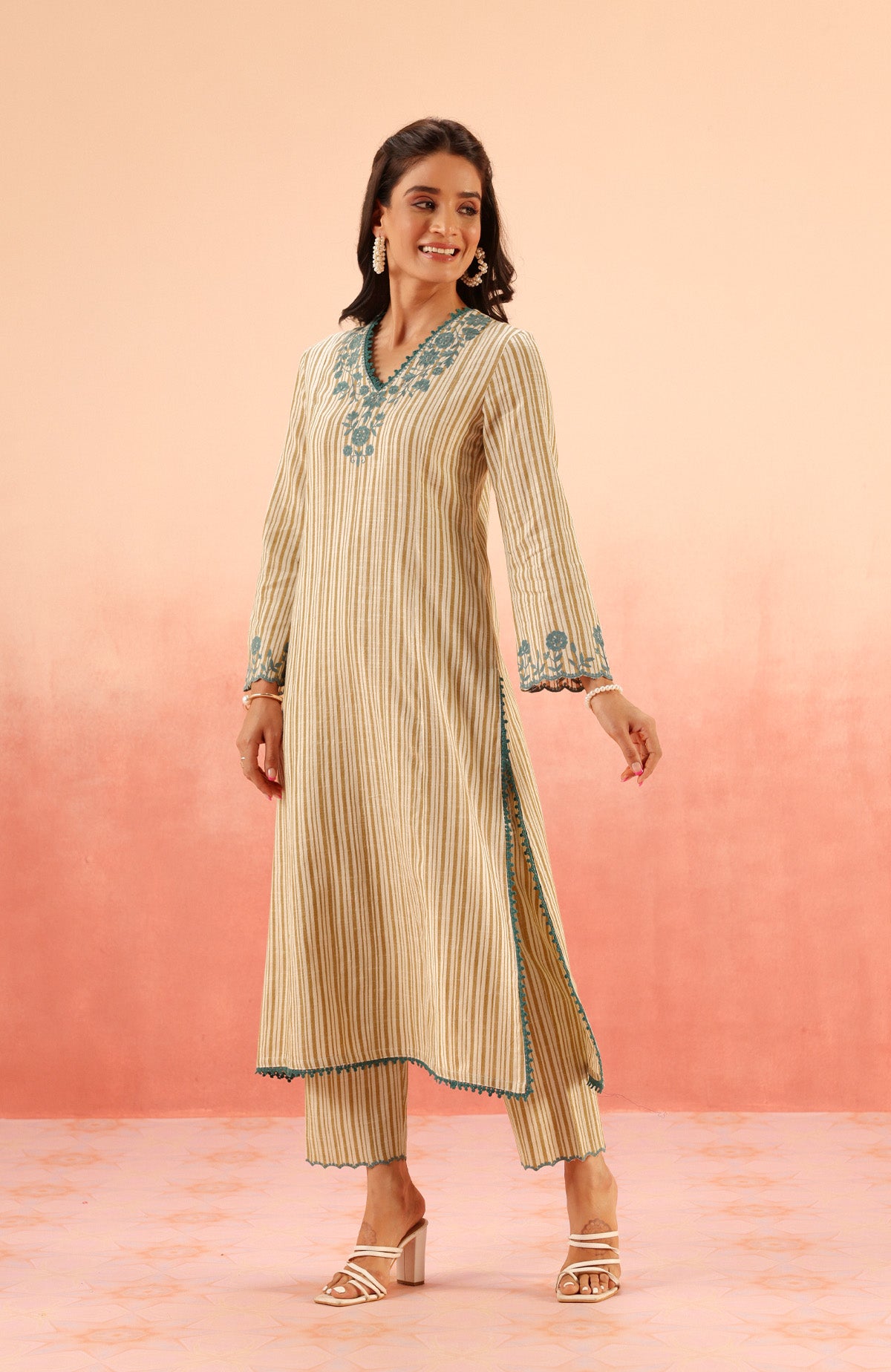 SAANJH MUSTARD COTTON YARN DYED KURTA SET