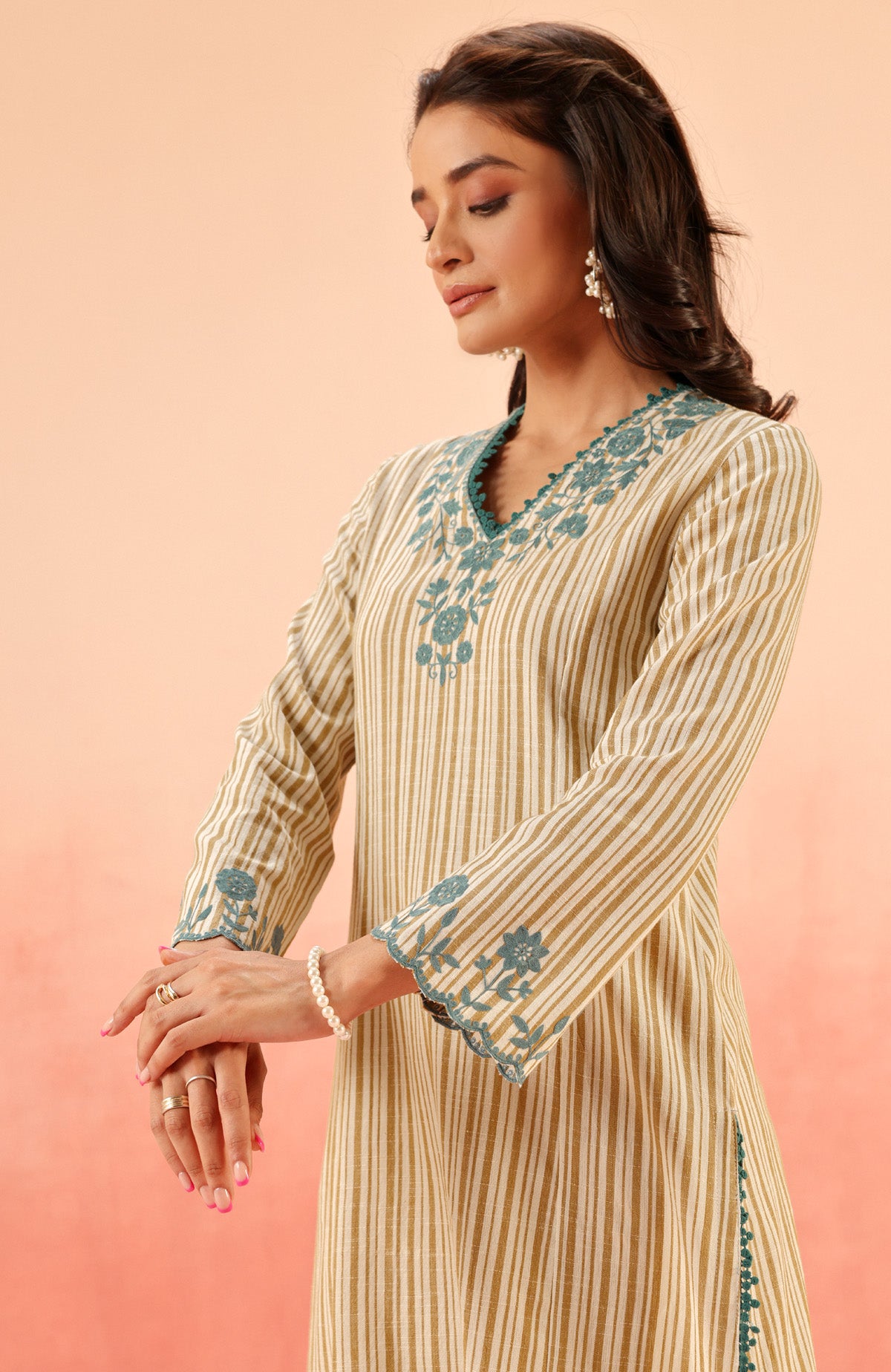 SAANJH MUSTARD COTTON YARN DYED KURTA SET