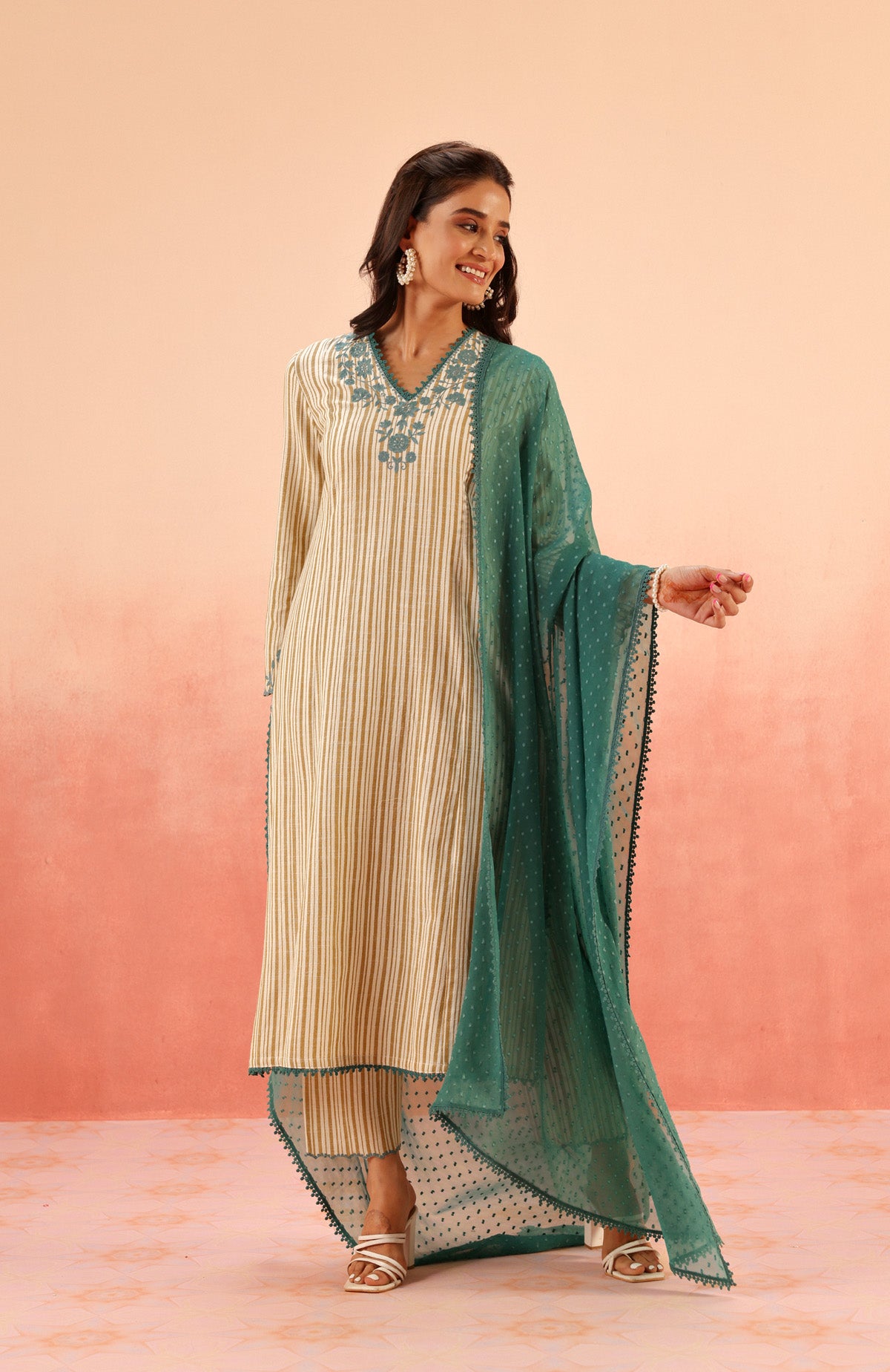 SAANJH MUSTARD COTTON YARN DYED KURTA SET