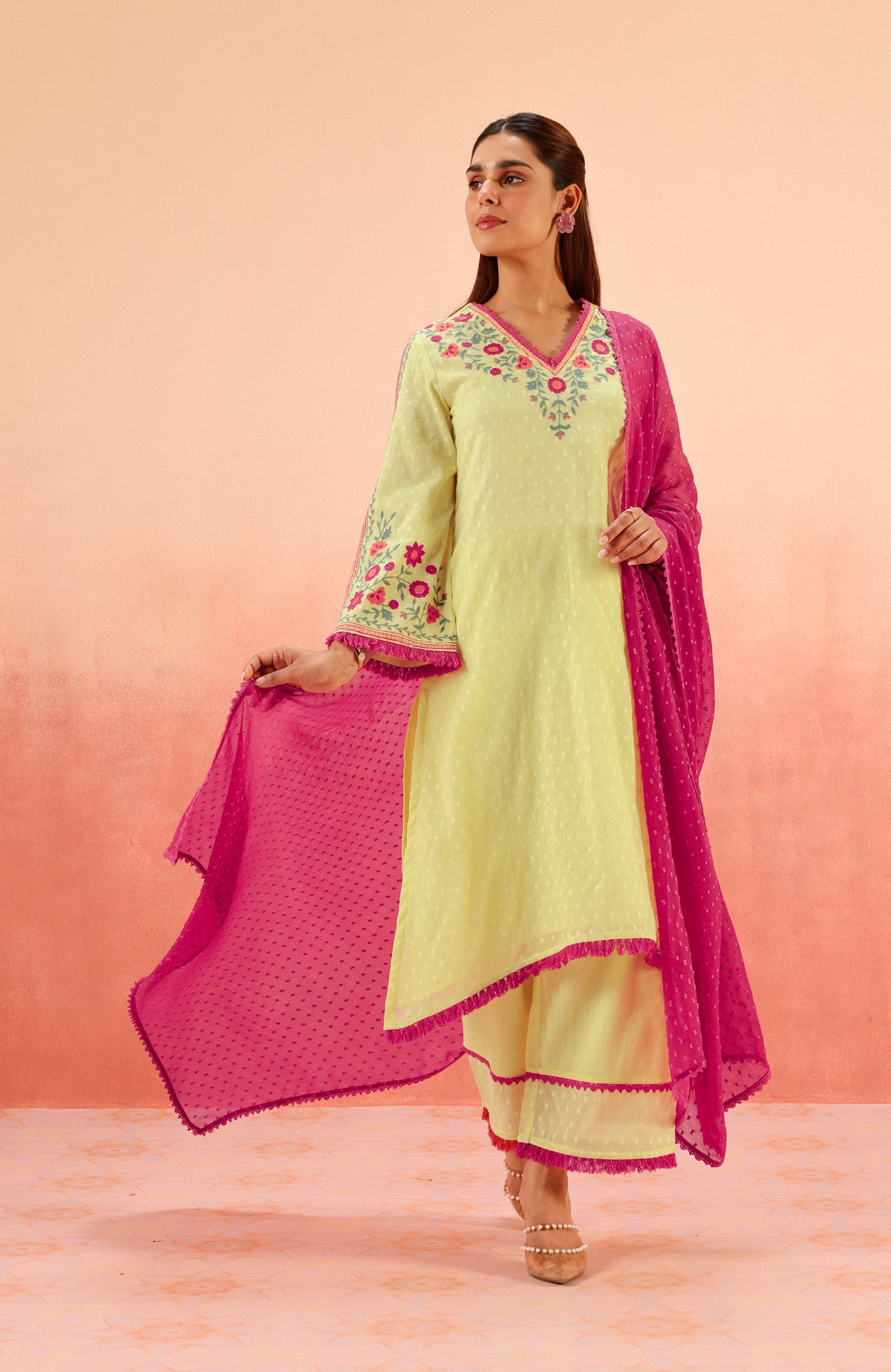 RESHM LIME JACQUARD EMBROIDERED KURTA SET (READY TO SHIP)