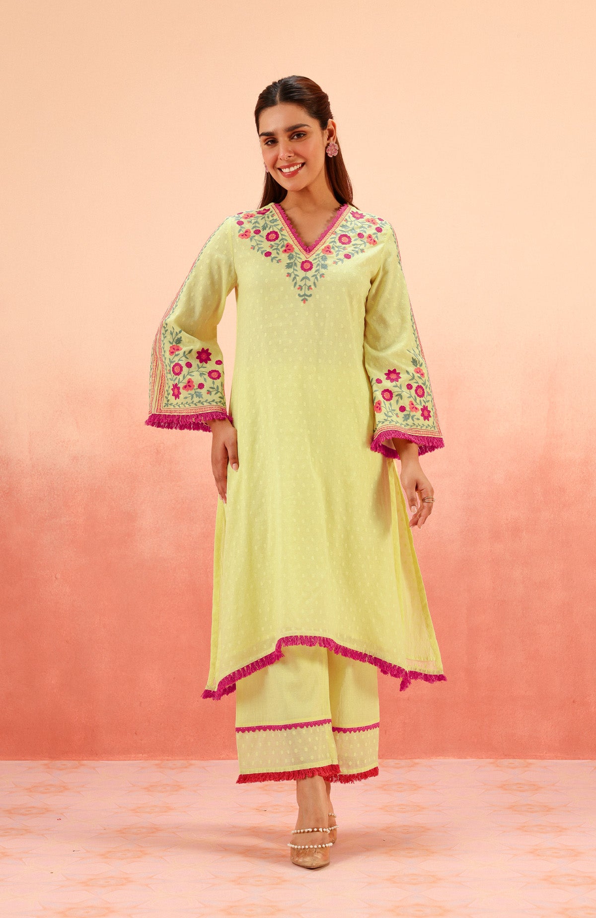 RESHM LIME JACQUARD EMBROIDERED KURTA SET (READY TO SHIP)