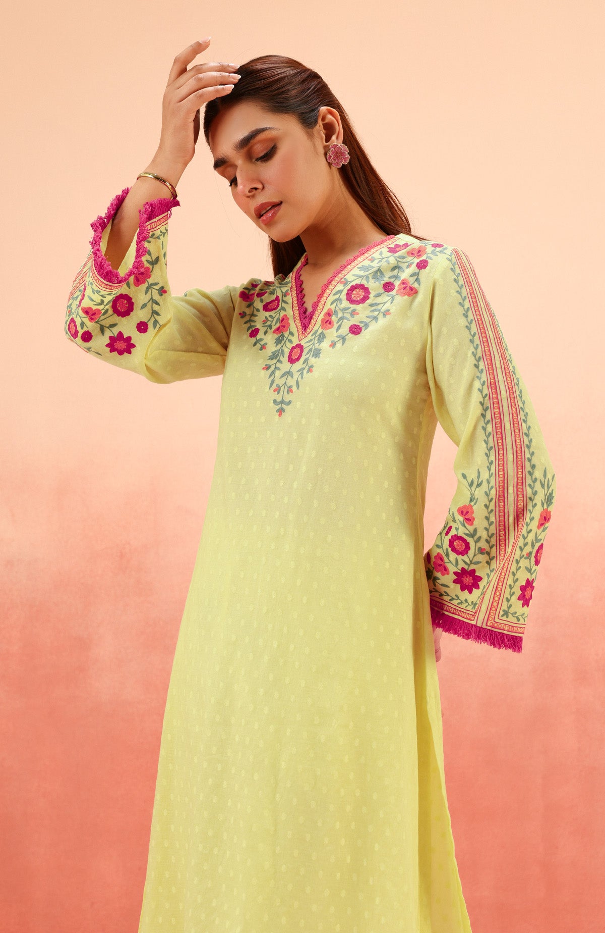 RESHM LIME JACQUARD EMBROIDERED KURTA SET (READY TO SHIP)