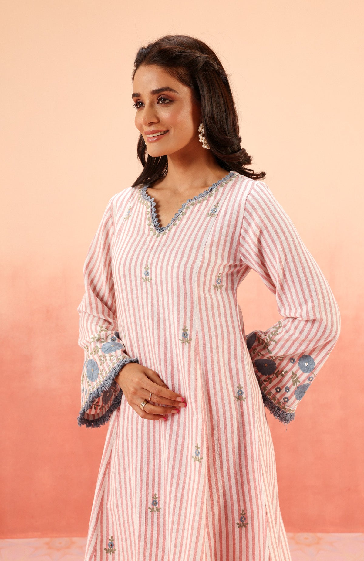 SAYA PINK EMBROIDERED YARN DYED HANDCRAFTED KURTA SET (READY TO SHIP)