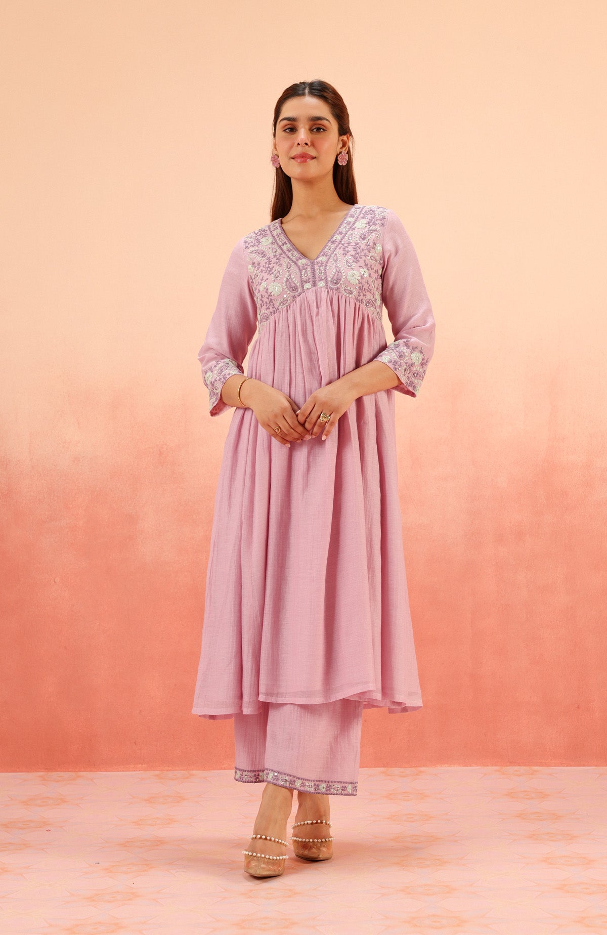 Kulvir Kaur Malhotra in TARINI LAVENDER COTTON SILK CHANDERI EMBROIDERED HANDCRAFTED KURTA SET