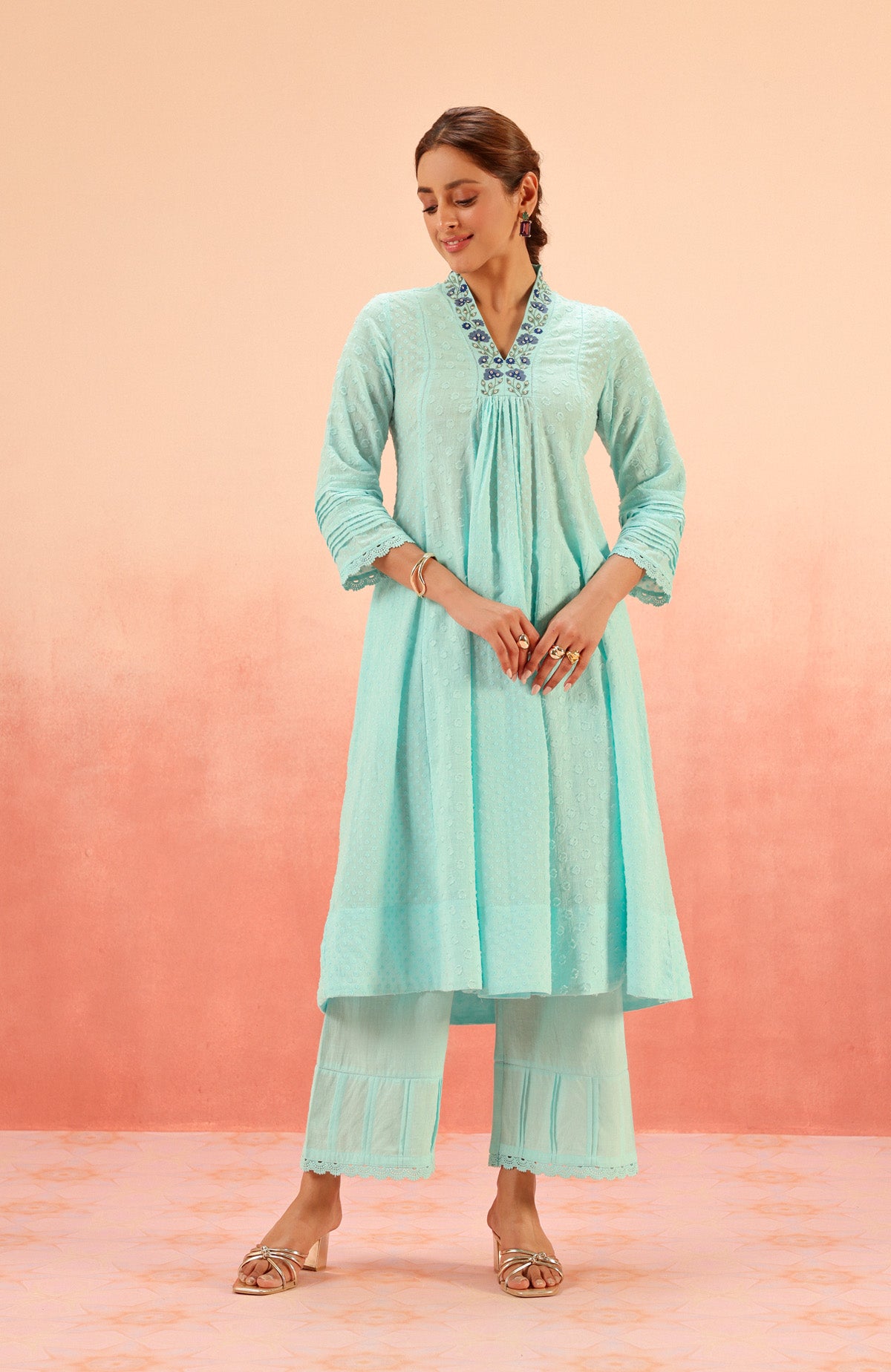 SUMANA BLUE COTTON SLUB JACQUARD HANDCRAFTED KURTA SET (READY TO SHIP)