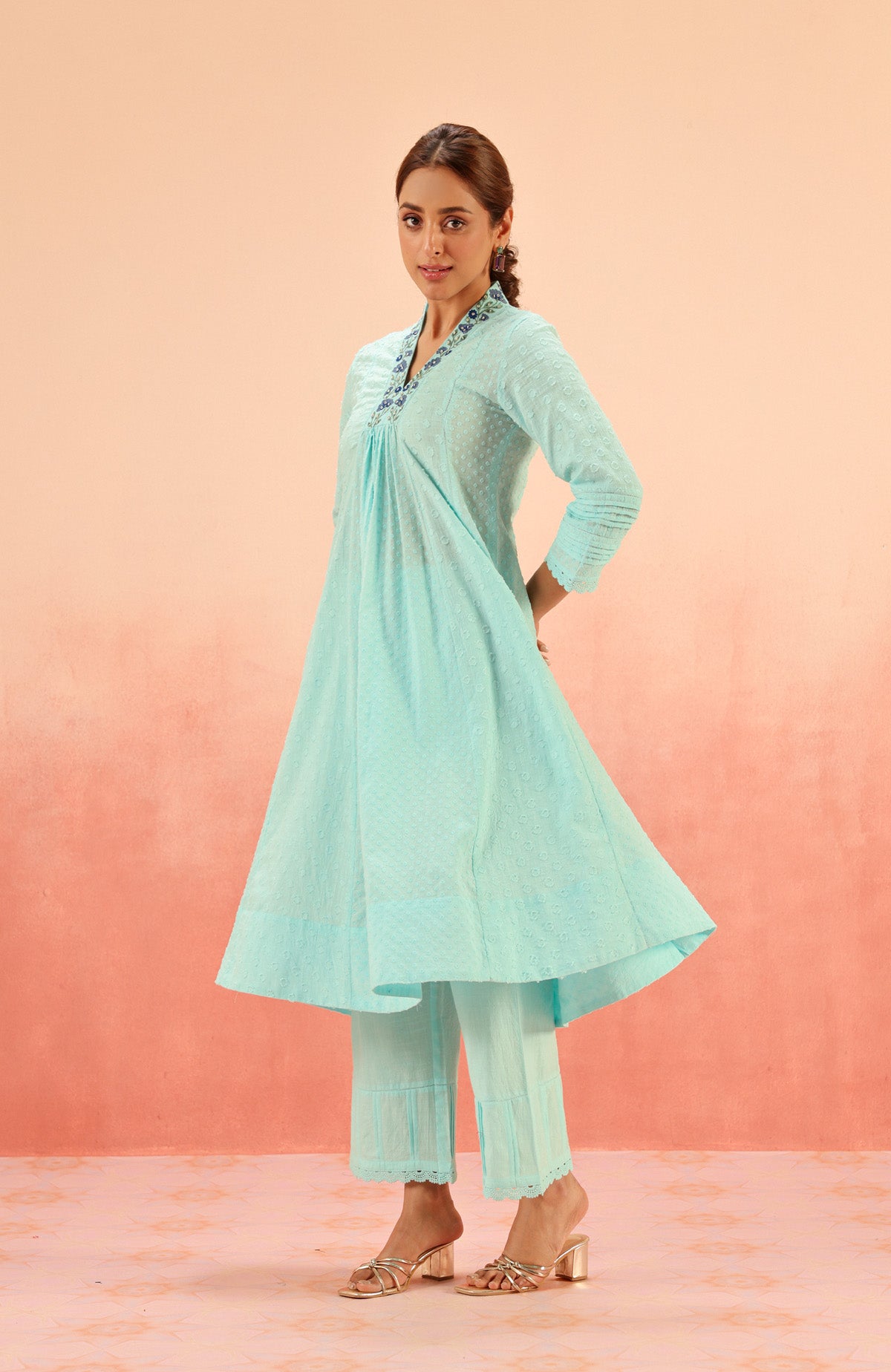 SUMANA BLUE COTTON SLUB JACQUARD HANDCRAFTED KURTA SET (READY TO SHIP)
