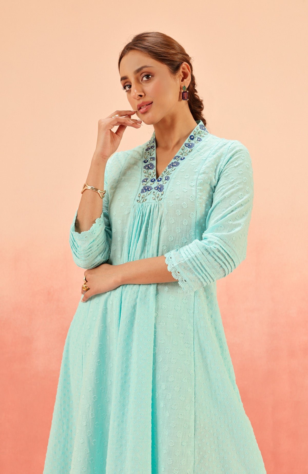 SUMANA BLUE COTTON SLUB JACQUARD HANDCRAFTED KURTA SET (READY TO SHIP)