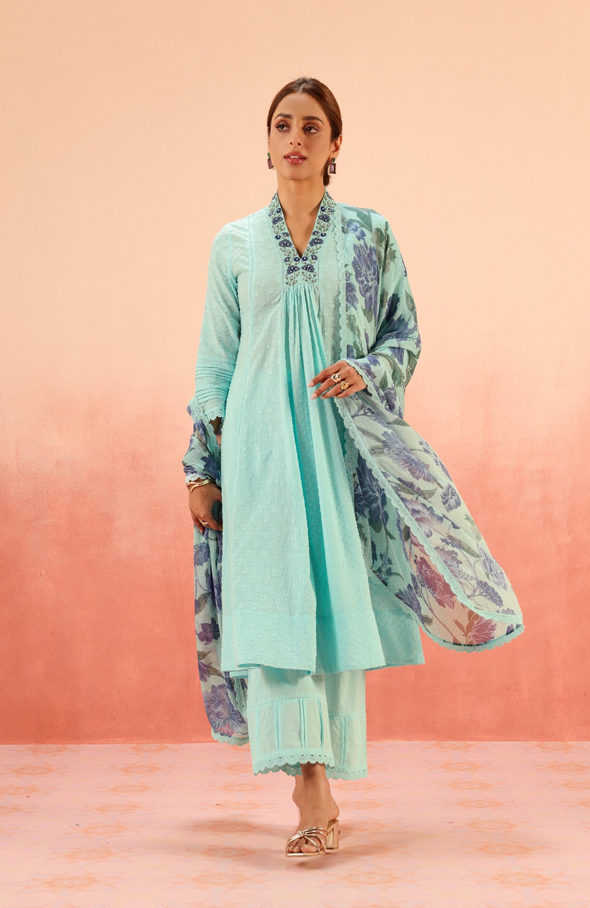 SUMANA BLUE COTTON SLUB JACQUARD HANDCRAFTED KURTA SET (READY TO SHIP)