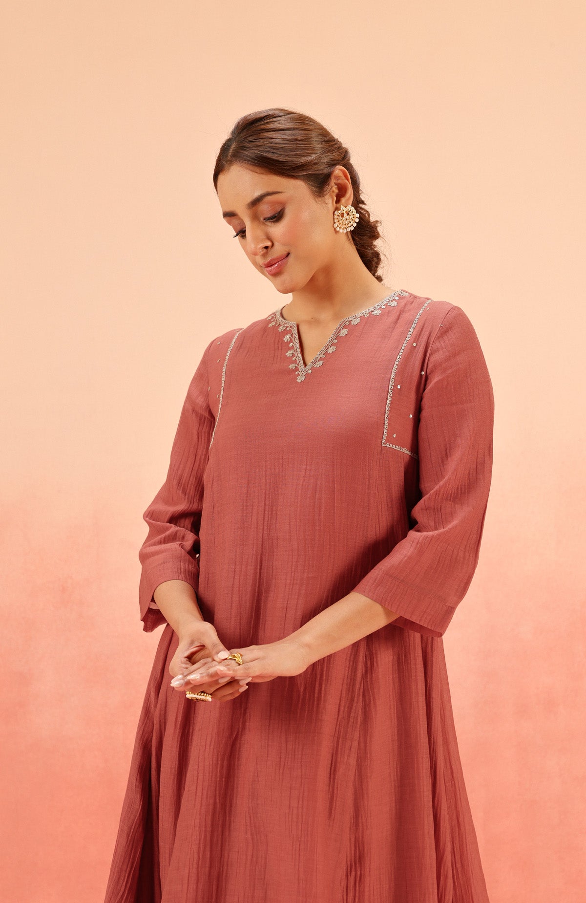 SAMIYA RED COTTON SILK CHANDERI EMBROIDERED HANDCRAFTED KURTA SET