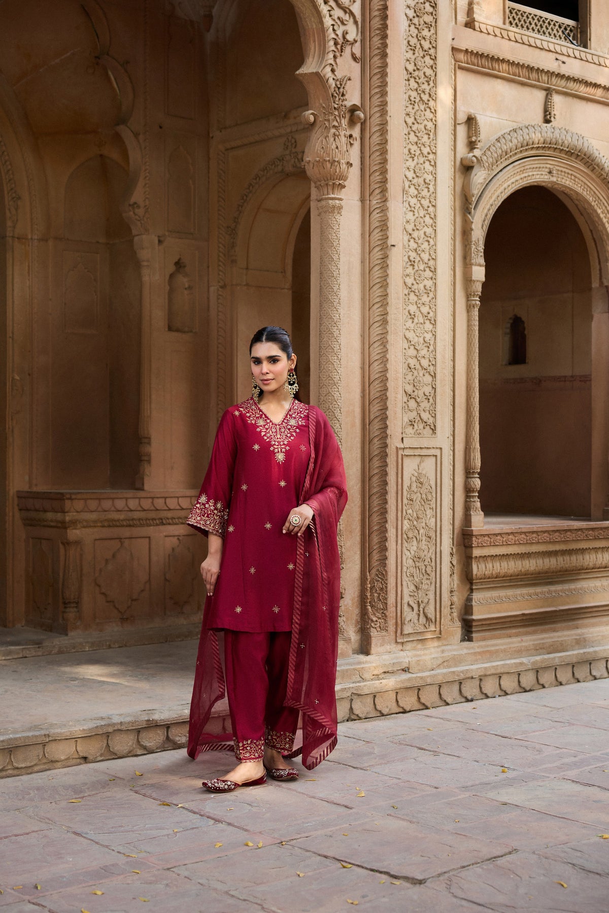 RAINA SILK CHANDERI HANDCRAFTED RED CHOGA SET