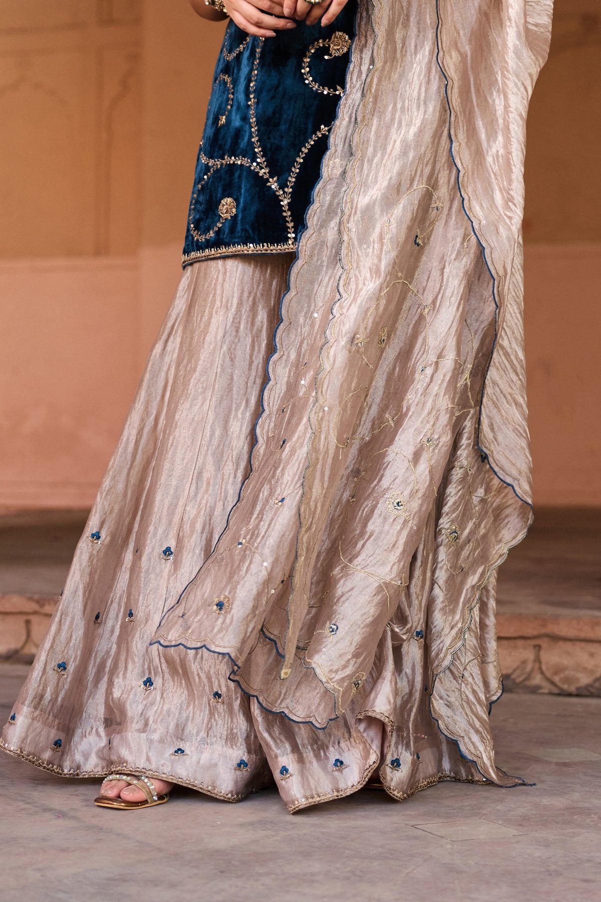 MALLIKA SILK VELVET HANDCRAFTED BLUE KURTA SET WITH SILK TISSUE GHARARA