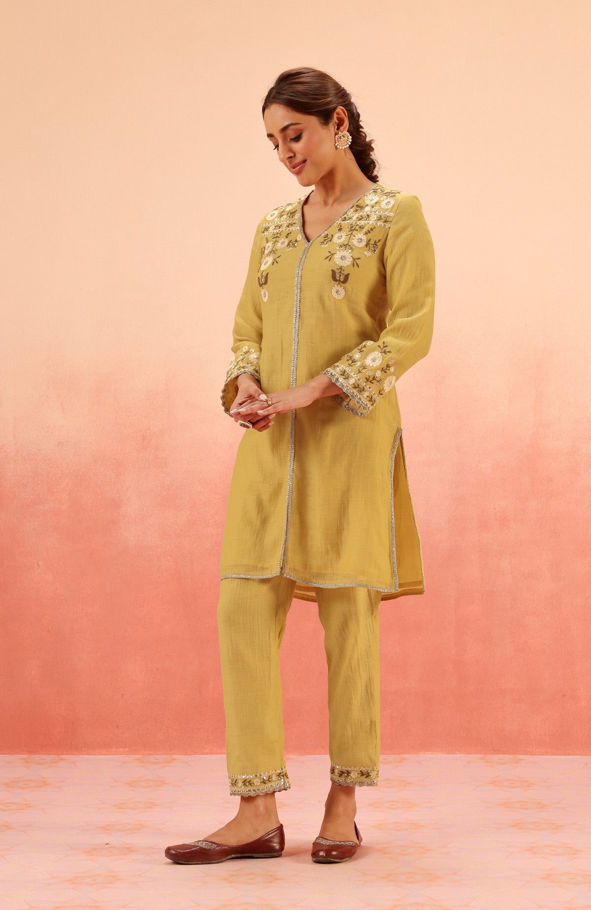 MOGRA MUSTARD COTTON SILK CHANDERI EMBROIDERED HANDCRAFTED KURTA SET