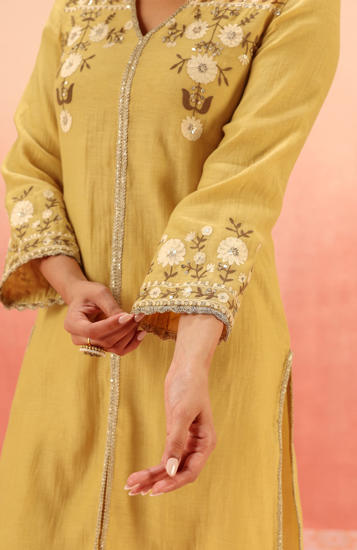 MOGRA MUSTARD COTTON SILK CHANDERI EMBROIDERED HANDCRAFTED KURTA SET