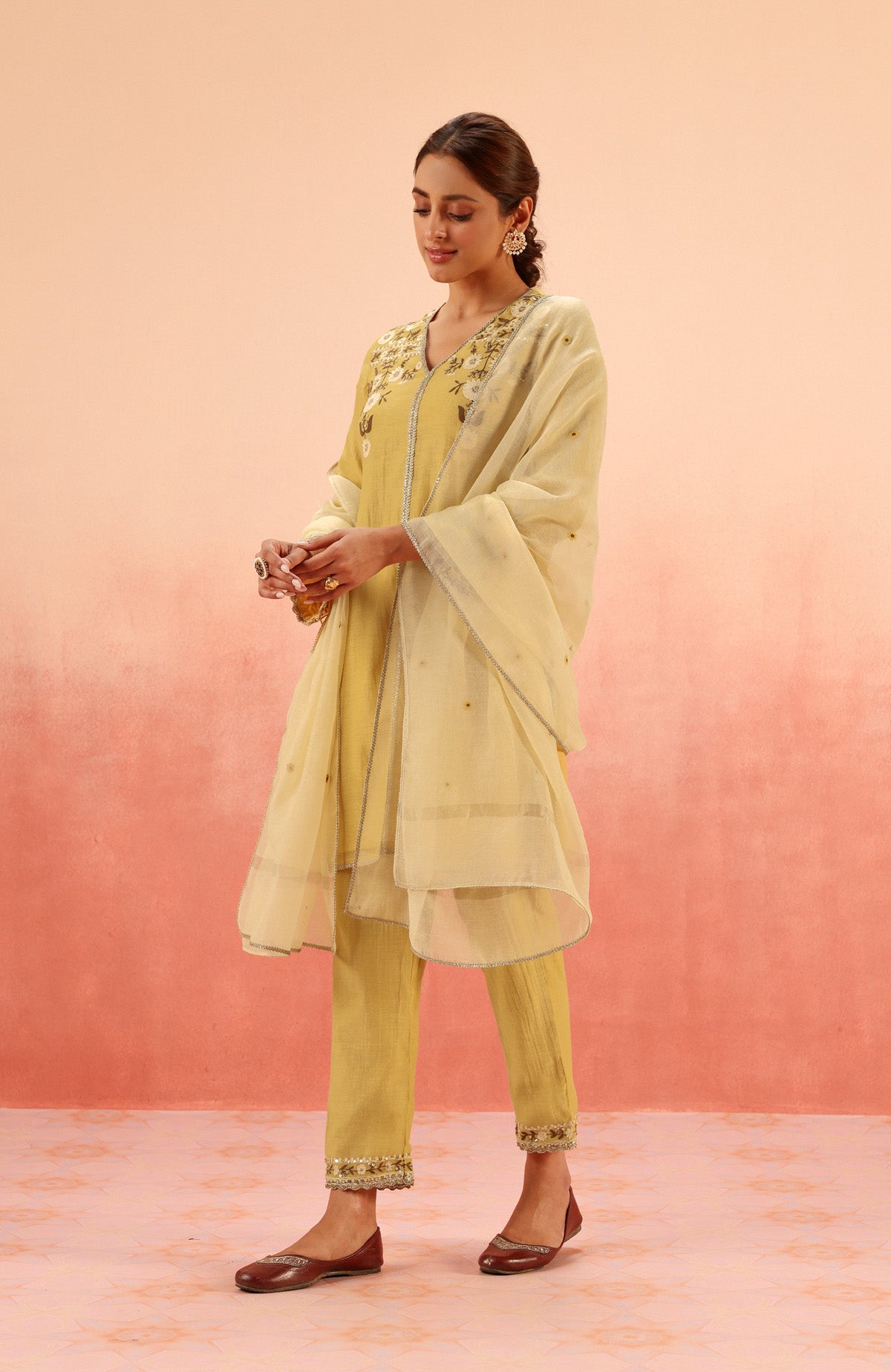 MOGRA MUSTARD COTTON SILK CHANDERI EMBROIDERED HANDCRAFTED KURTA SET