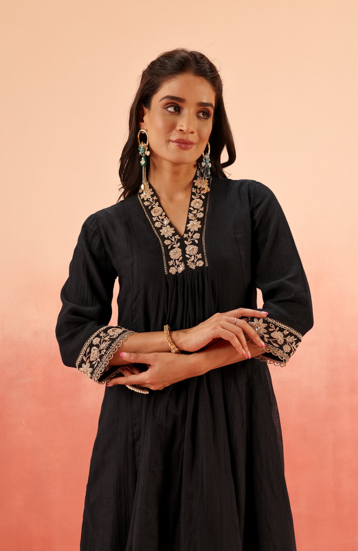 CHANDANI BLACK COTTON SILK EMBROIDERED HANDCRAFTED KURTA SET (READY TO SHIP)