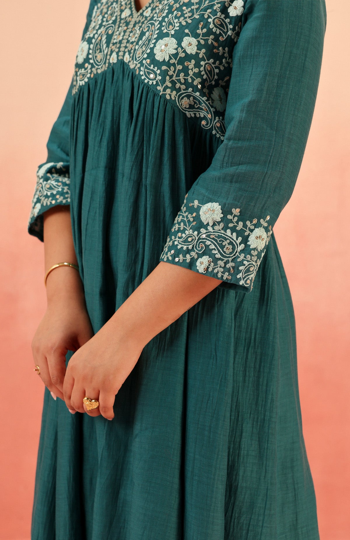 TARINI TEAL COTTON SILK CHANDERI EMBROIDERED HANDCRAFTED KURTA SET