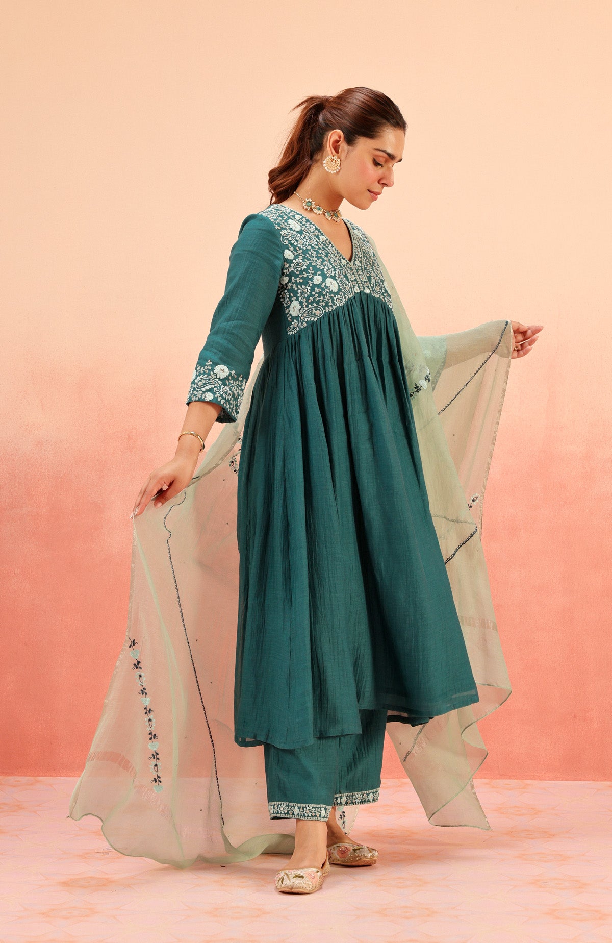 TARINI TEAL COTTON SILK CHANDERI EMBROIDERED HANDCRAFTED KURTA SET