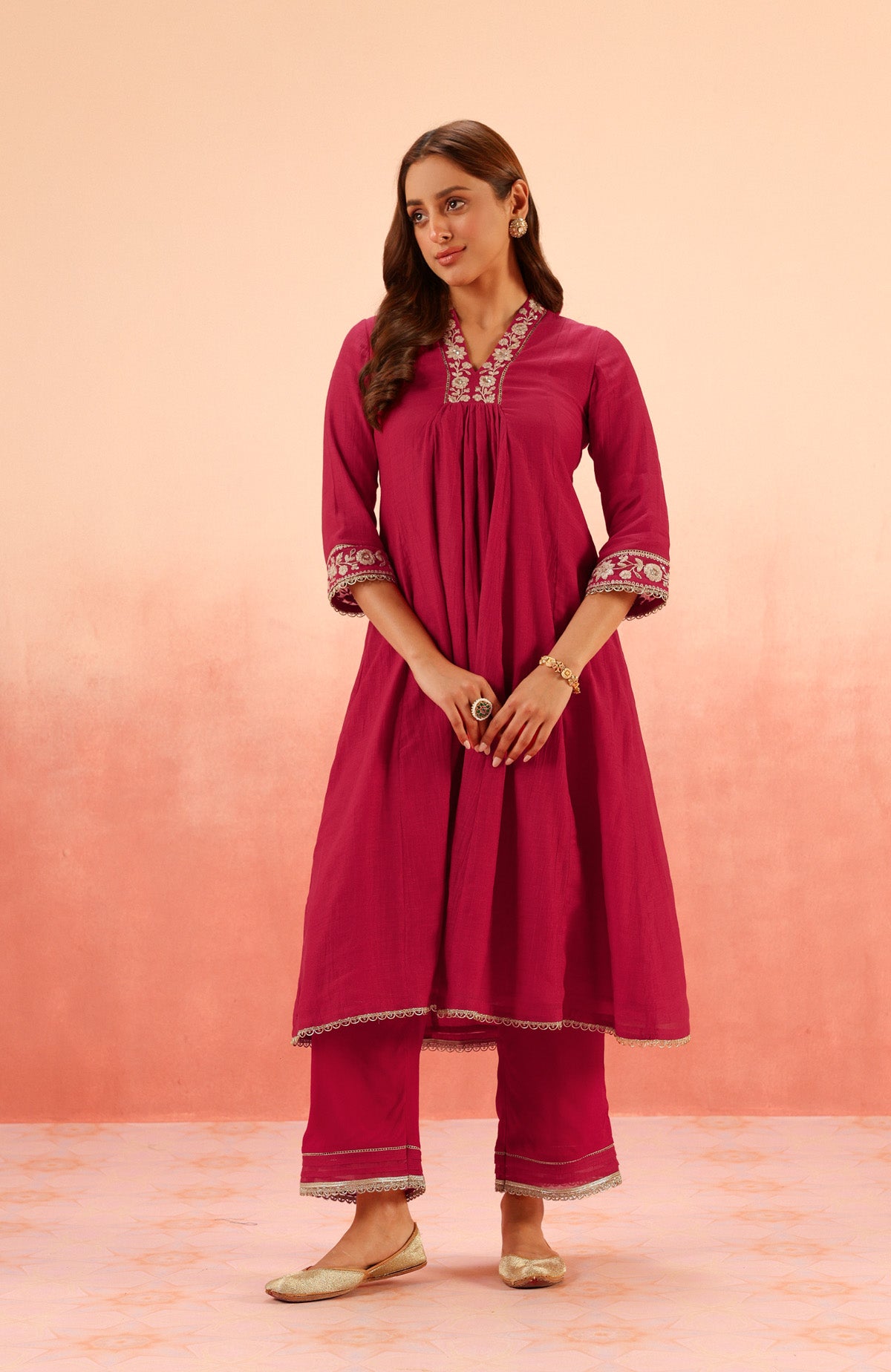 CHANDANI CRIMSON COTTON SILK EMBROIDERED HANDCRAFTED KURTA SET (READY TO SHIP)
