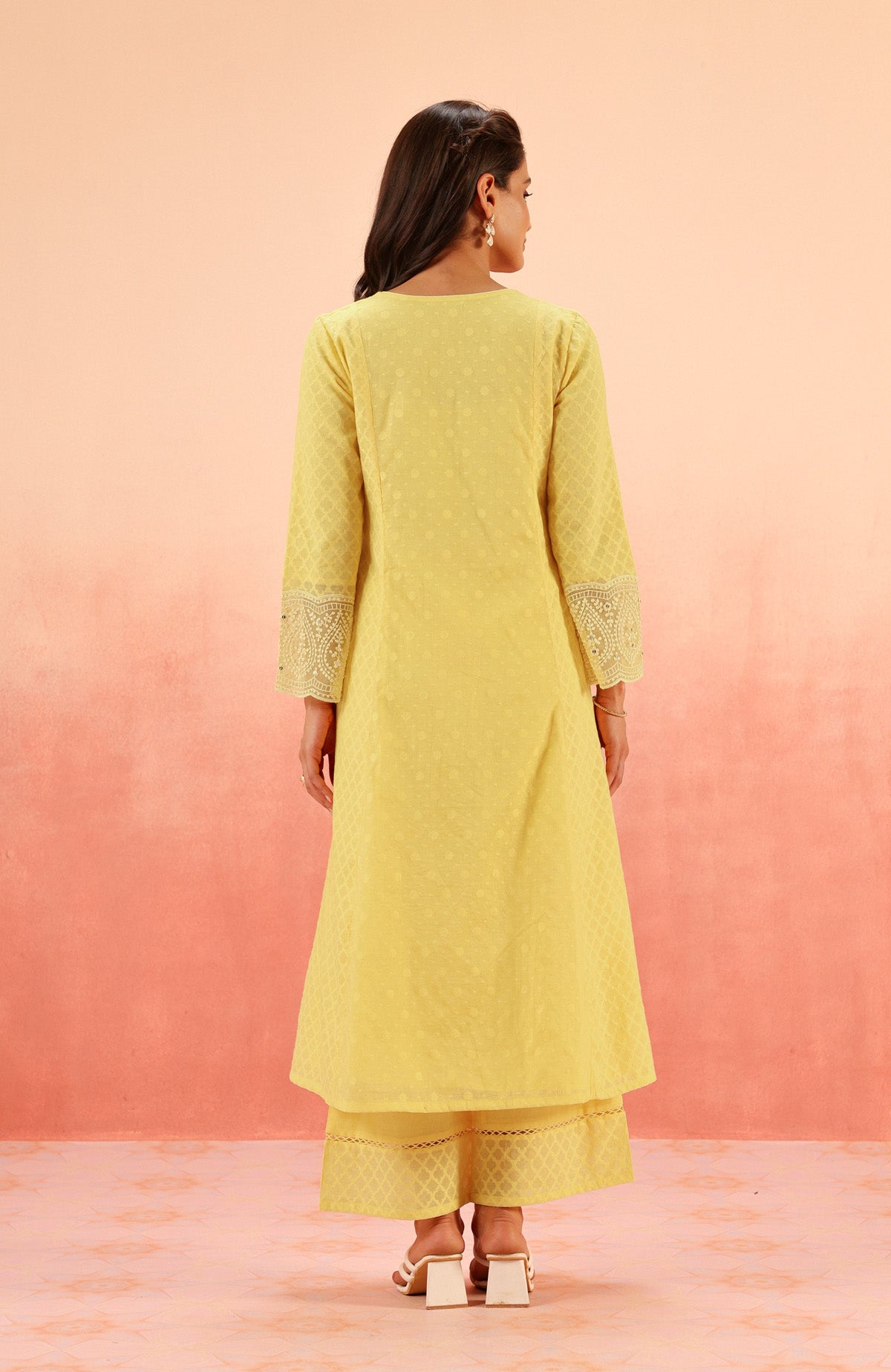 GULNAAR YELLOW JACQUARD EMBROIDERED HANDCRAFTED KURTA SET