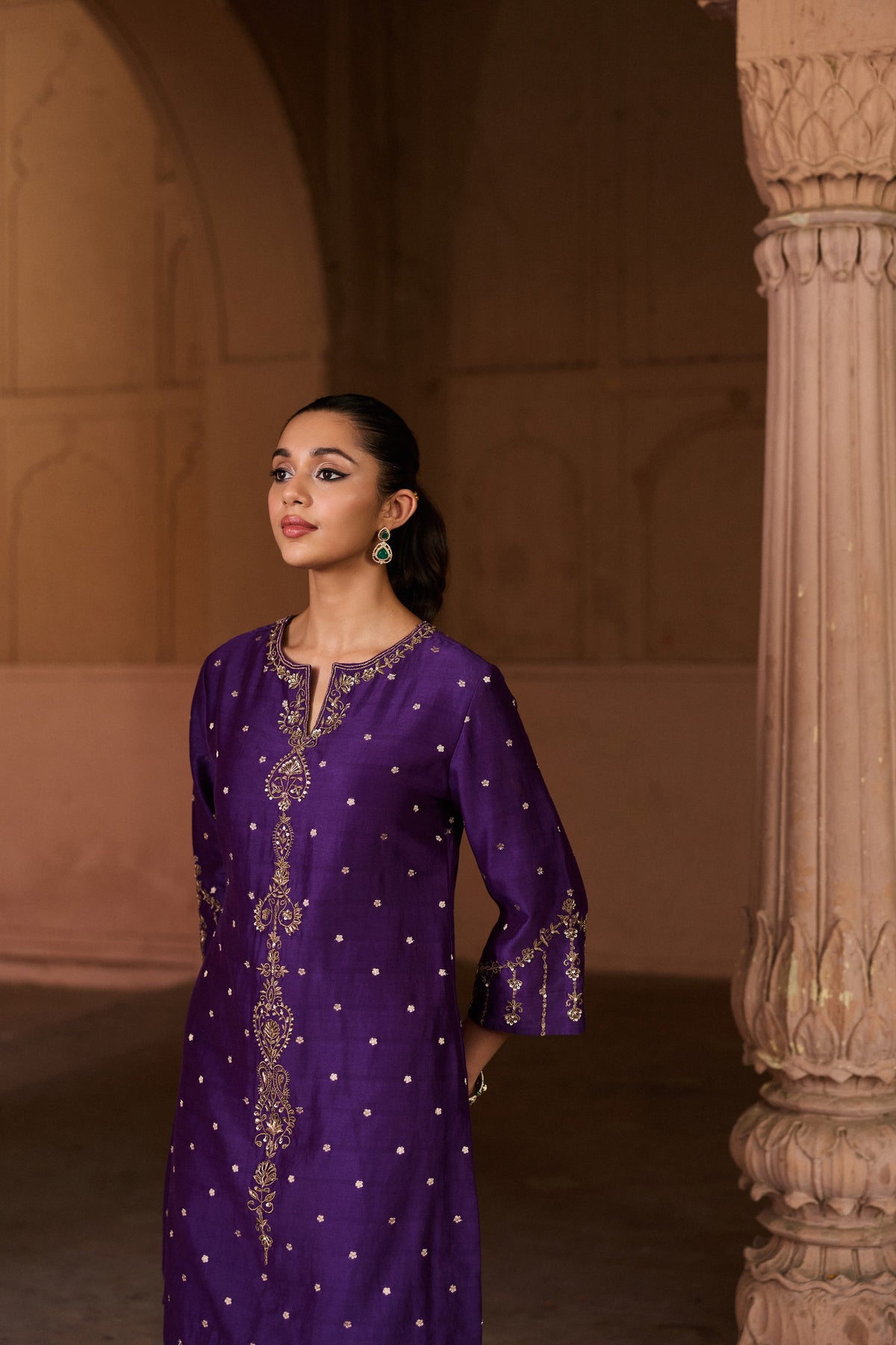VEDA BANARASI CHANDERI JACQUARD HANDCRAFTED PURPLE STRAIGHT KURTA SET