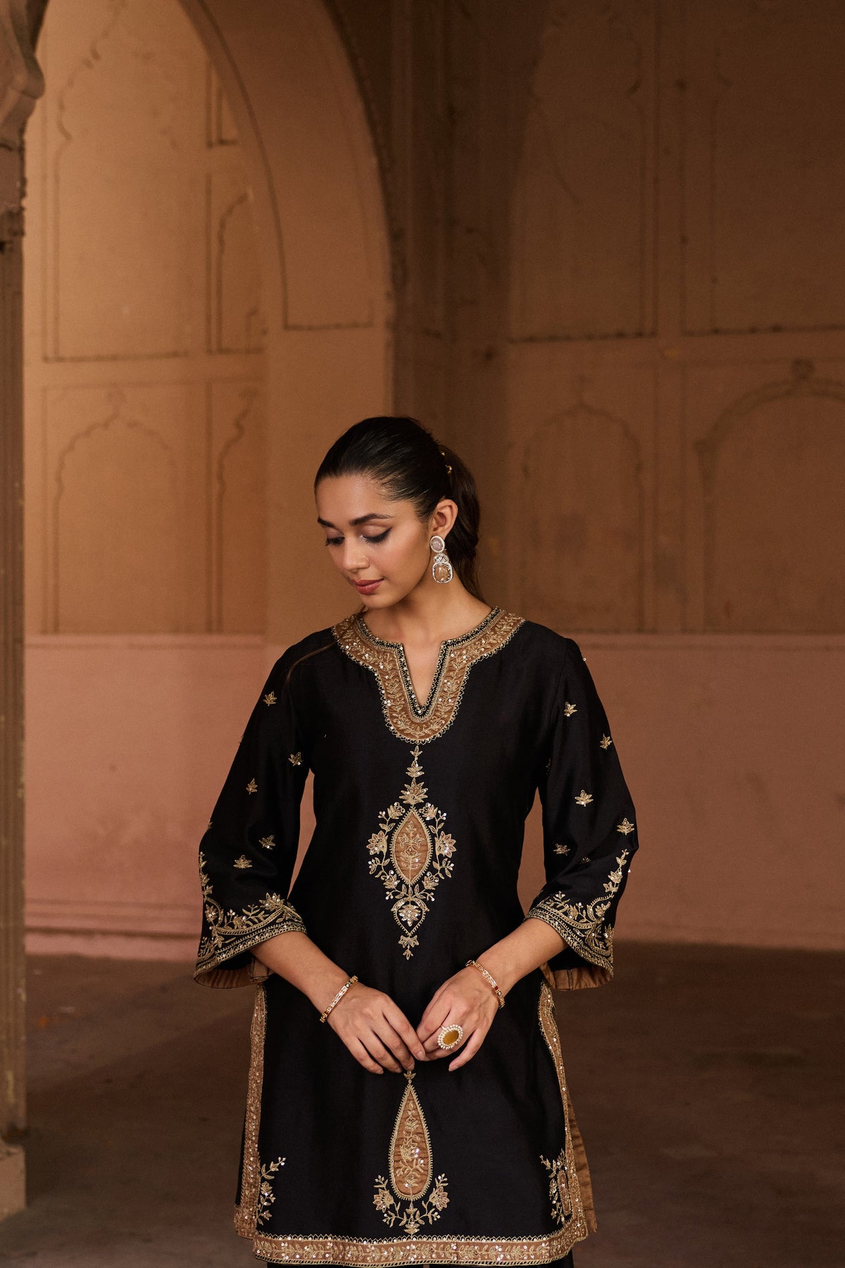 SHAHEEN SILK CHANDERI HANDCRAFTED BLACK KURTA SET WITH FARSHI SALWAR