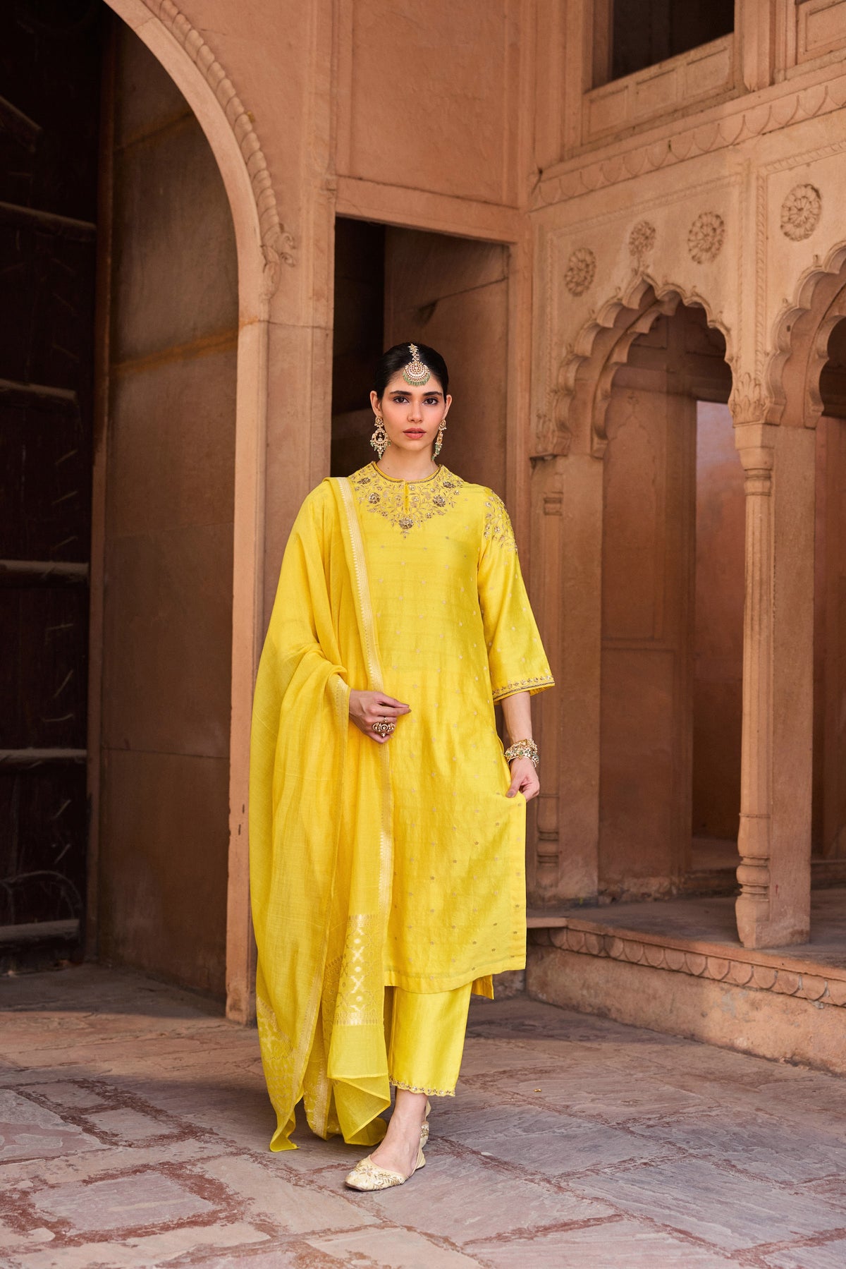 RUKMINI BANARASI CHANDERI JACQUARD HANDCRAFTED YELLOW STRAIGHT KURTA SET