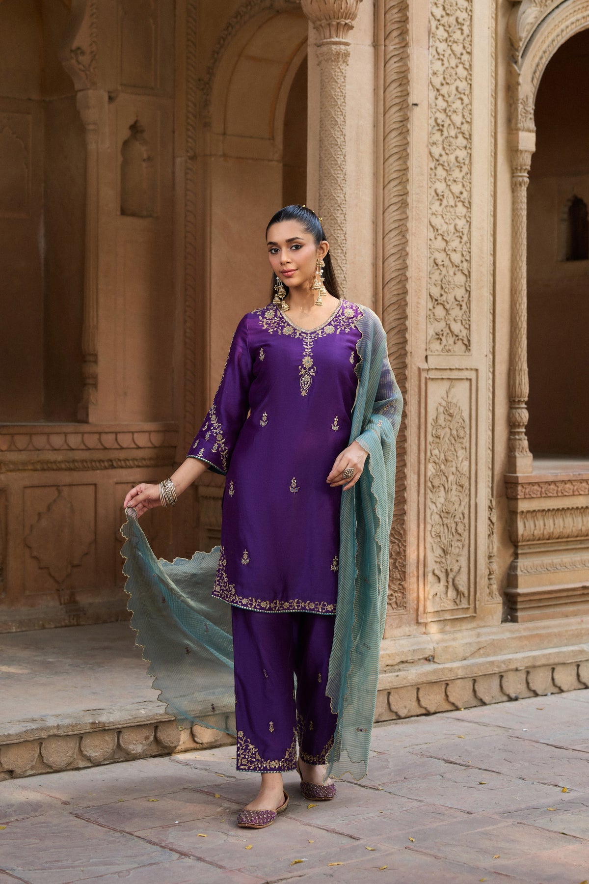 ASMI SILK CHANDERI HANDCRAFTED PURPLE STRAIGHT KURTA SET
