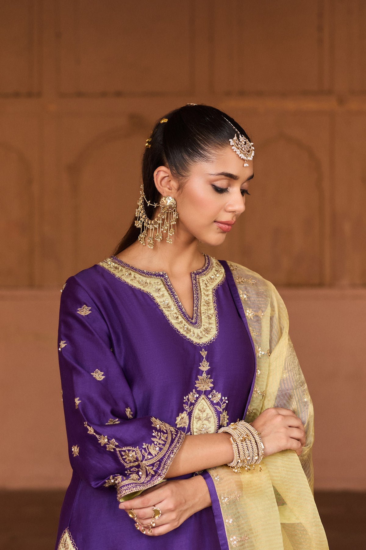 SHAHEEN SILK CHANDERI HANDCRAFTED PURPLE KURTA SET WITH FARSHI SALWAR