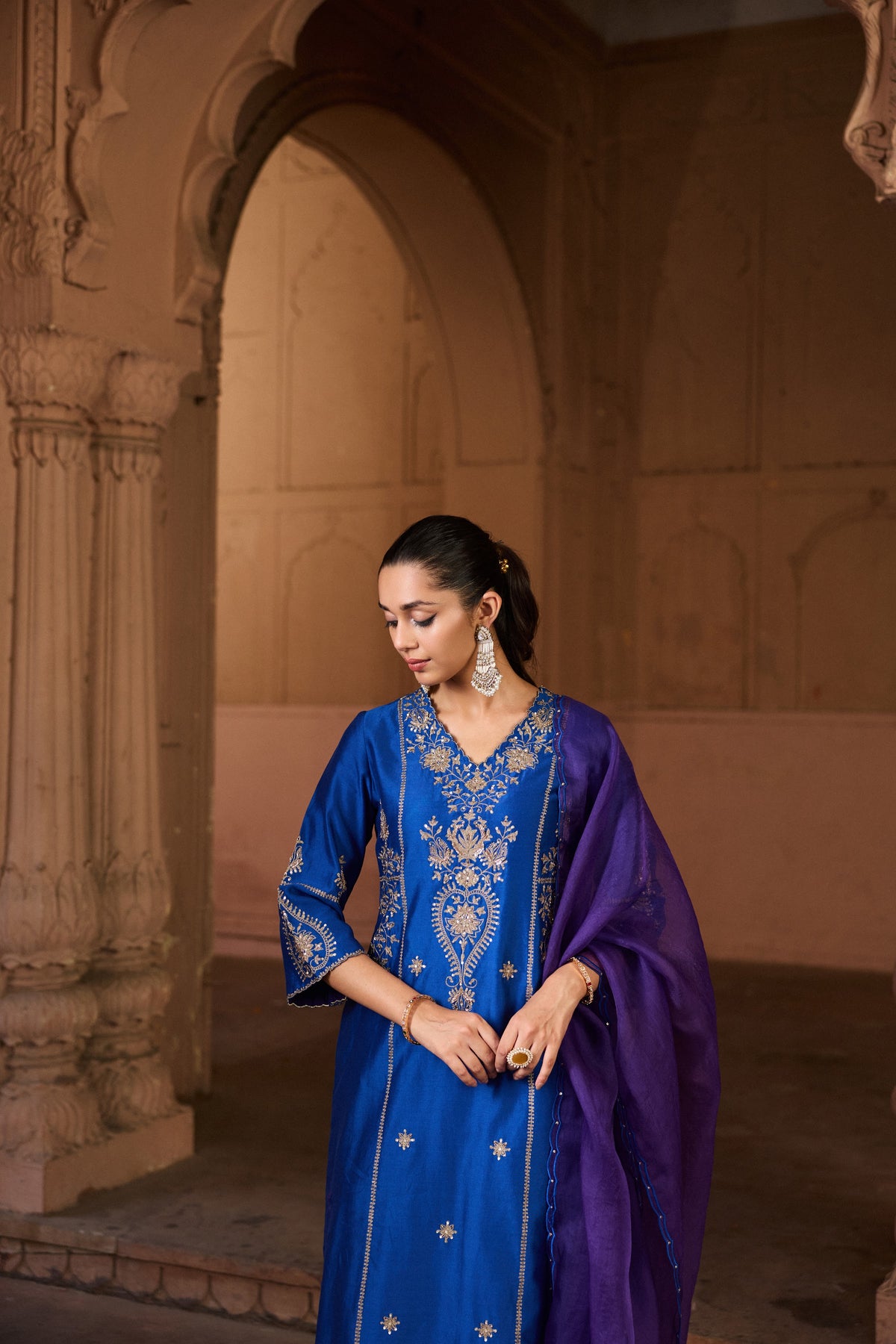 SHARVARI SILK CHANDERI HANDCRAFTED ROYAL BLUE STRAIGHT KURTA SET