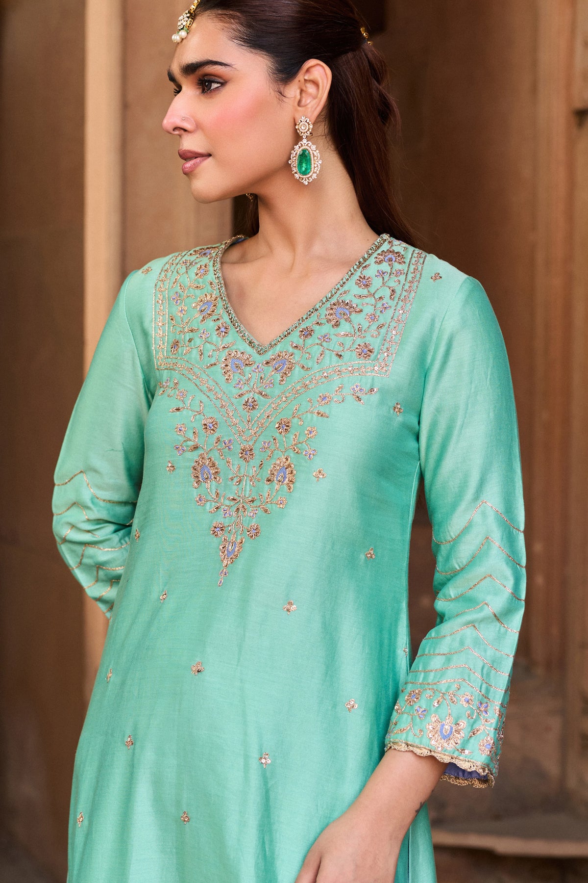 NANDINI SILK CHANDERI HANDCRAFTED TURQUOISE STRAIGHT KURTA SET