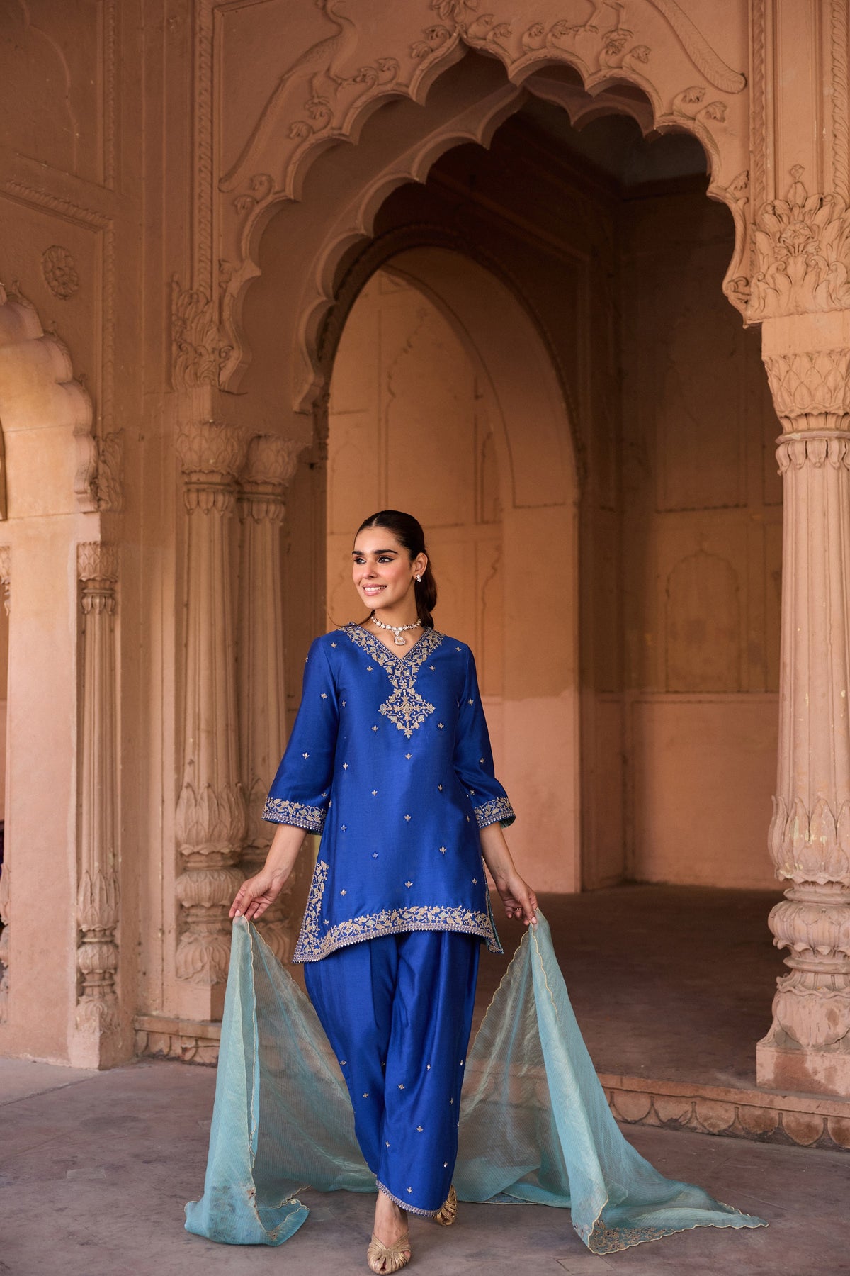 REET SILK CHANDERI HANDCRAFTED ROYAL BLUE KURTA SET WITH FARSHI SALWAR