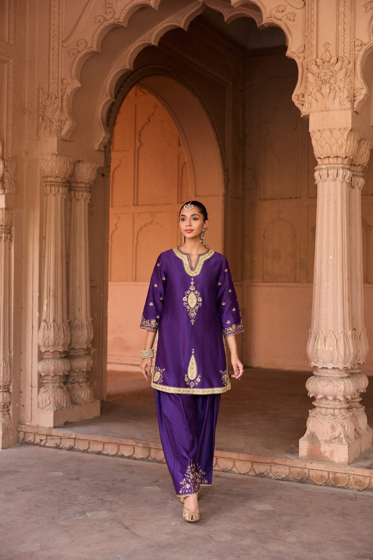 SHAHEEN SILK CHANDERI HANDCRAFTED PURPLE KURTA SET WITH FARSHI SALWAR