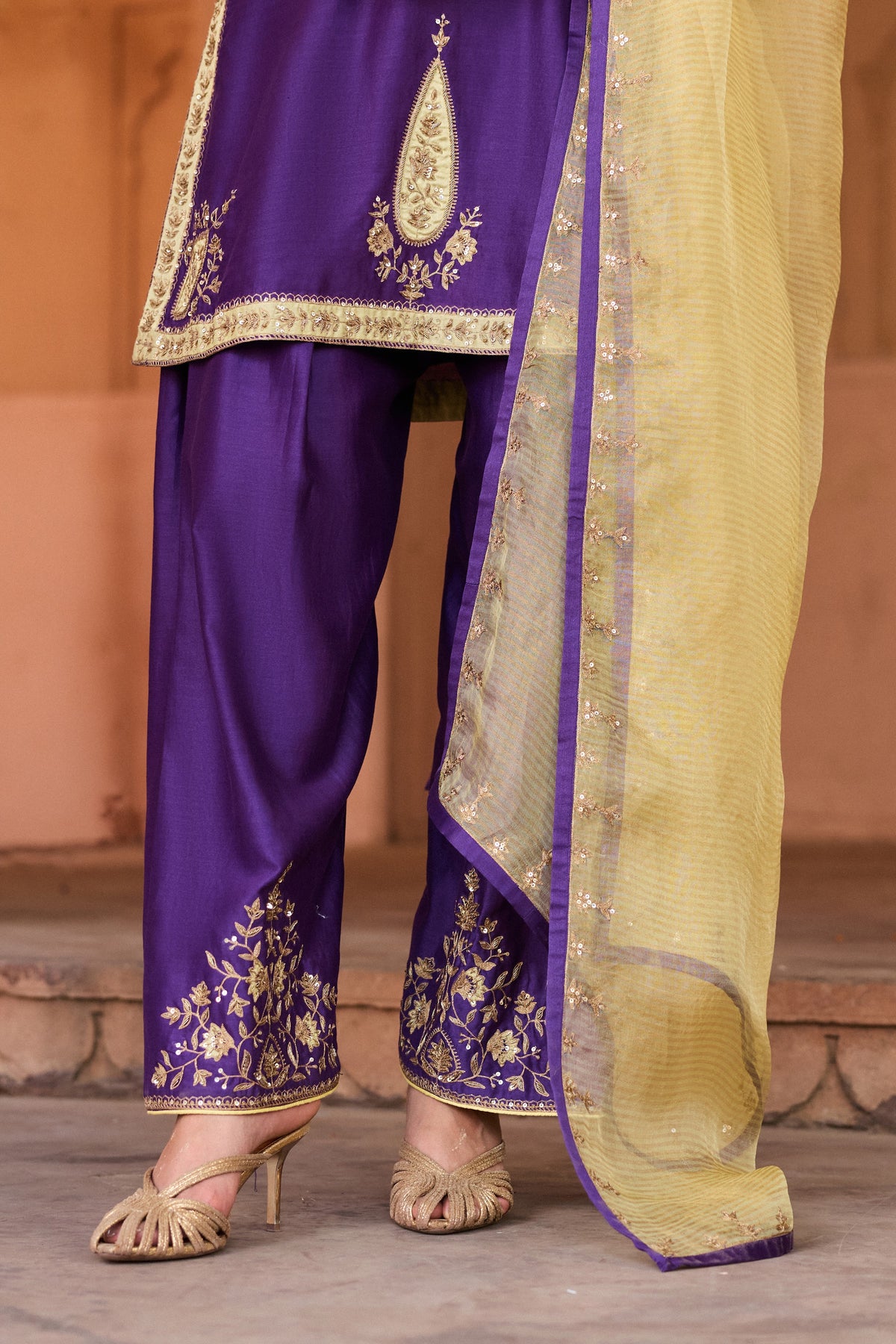SHAHEEN SILK CHANDERI HANDCRAFTED PURPLE KURTA SET WITH FARSHI SALWAR