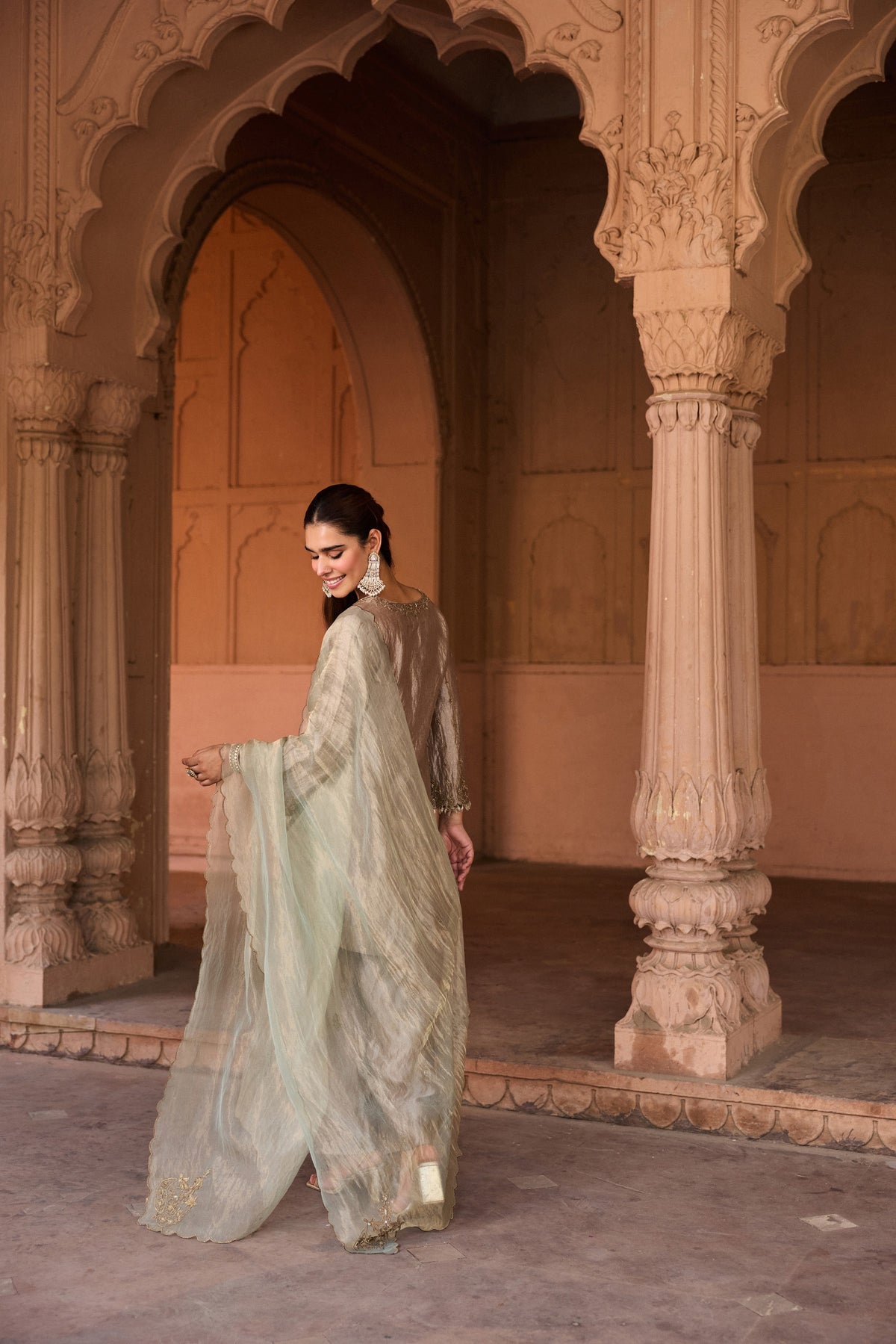 SHAHBANO SILK TISSUE HANDCRAFTED SILVER KURTA SET WITH FARSHI SALWAR