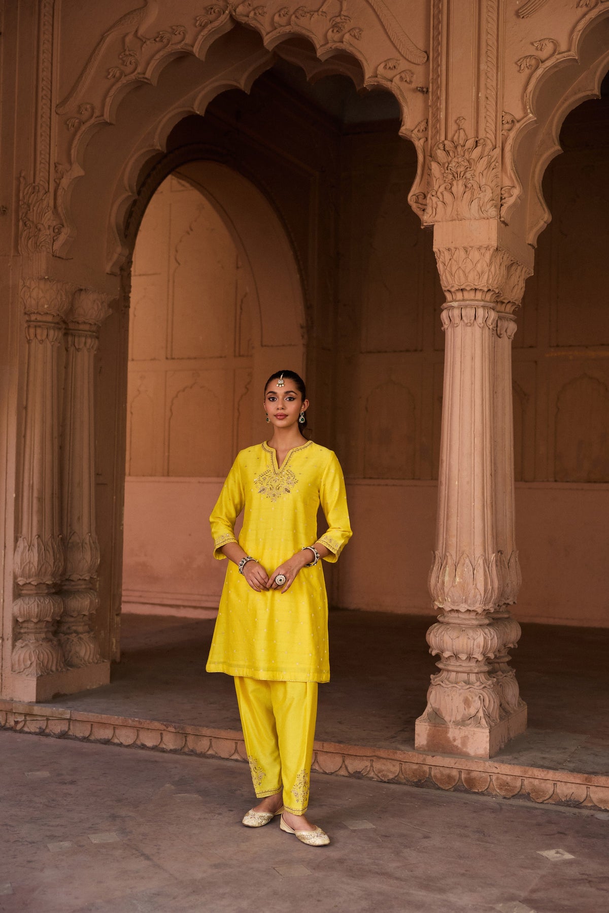 GAUHAR BANARASI SILK CHANDERI JACQUARD HANDCRAFTED YELLOW A-LINE KURTA SET