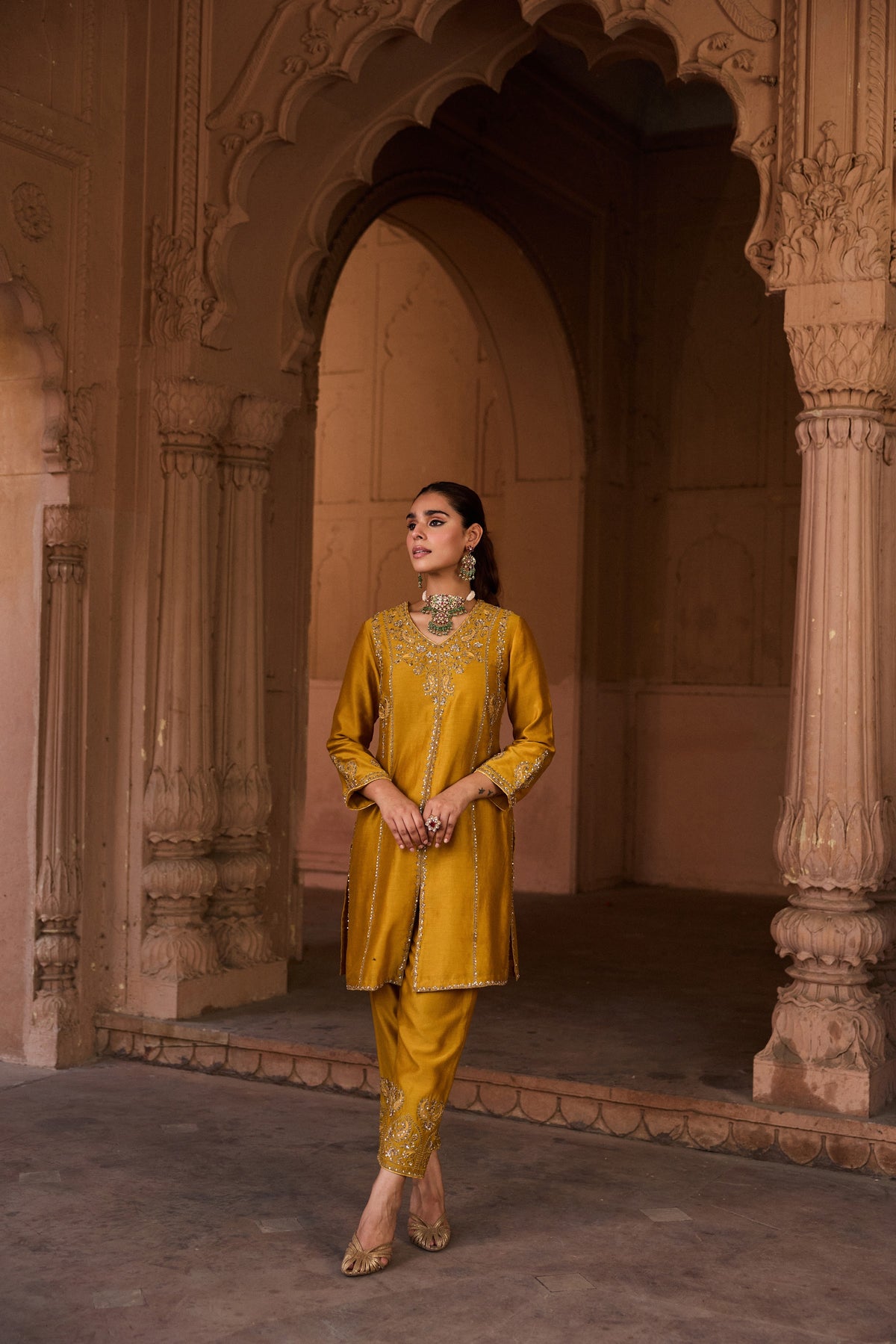 RAAGINI SILK CHANDERI HANDCRAFTED MUSTARD STRAIGHT KURTA SET