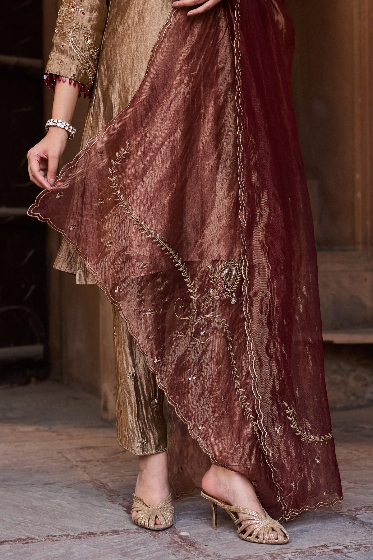 KHWAAB SILK TISSUE HANDCRAFTED GOLD A-LINE KURTA SET