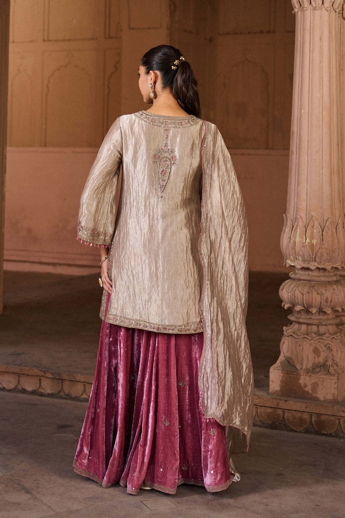 SHABANA SILK TISSUE HANDCRAFTED SILVER KURTA SET WITH SHARARA