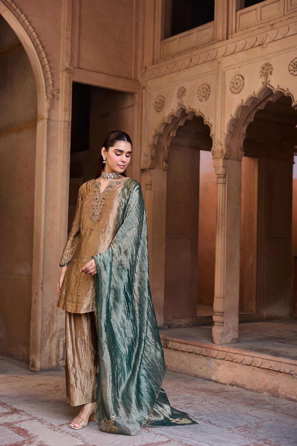 SHAHBANO SILK TISSUE HANDCRAFTED GOLD KURTA SET WITH FARSHI SALWAR