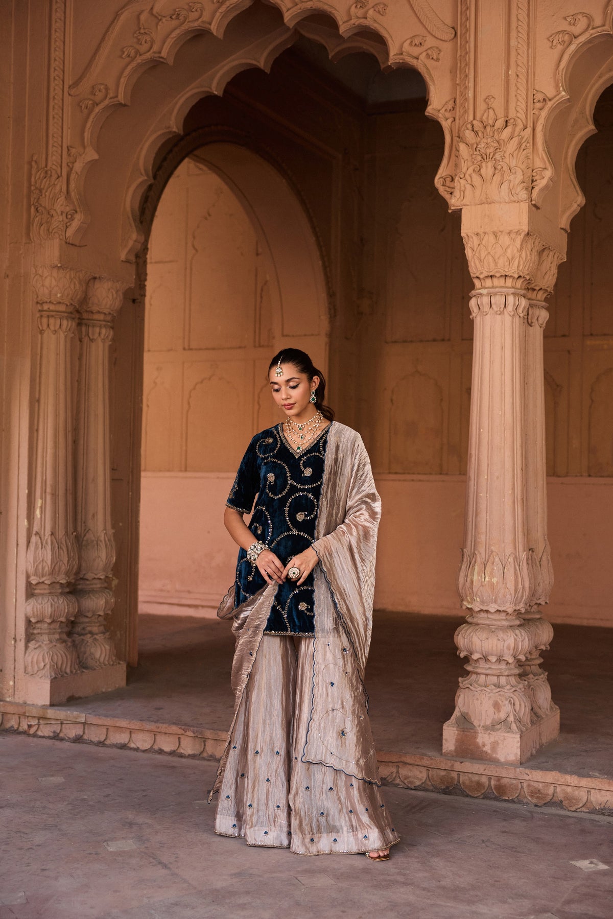 MALLIKA SILK VELVET HANDCRAFTED BLUE KURTA SET WITH SILK TISSUE GHARARA