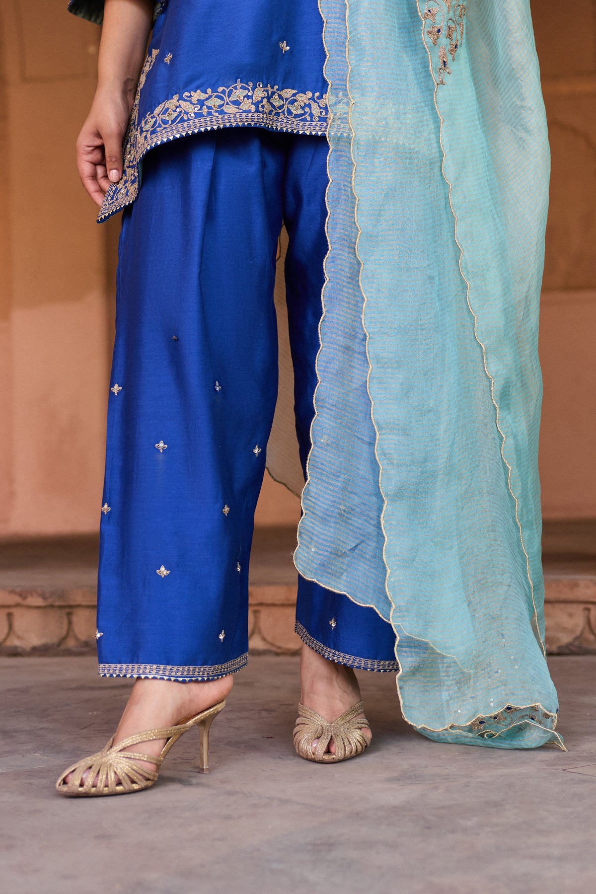 REET SILK CHANDERI HANDCRAFTED ROYAL BLUE KURTA SET WITH FARSHI SALWAR