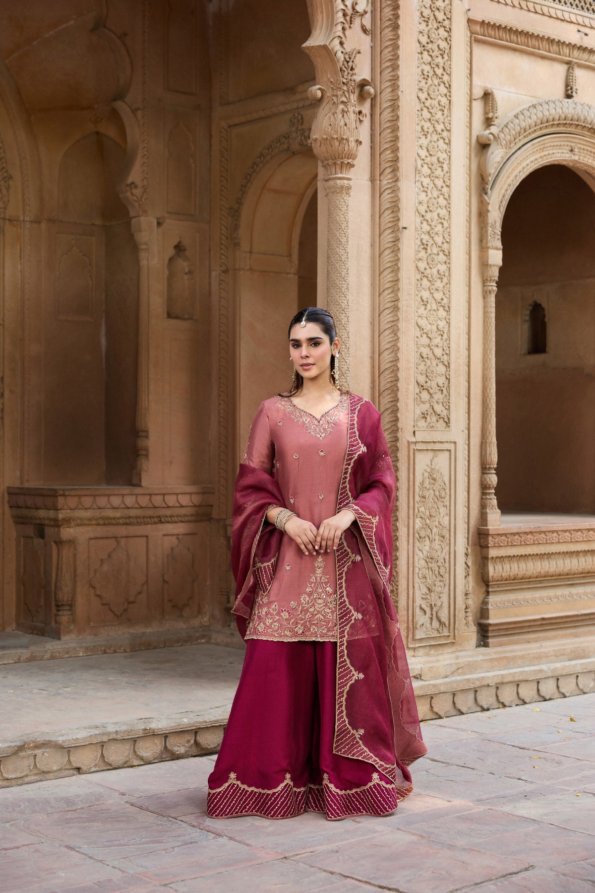 MASTANI PURE DUPION SILK HANDCRAFTED PINK KURTA SET WITH SHARARA