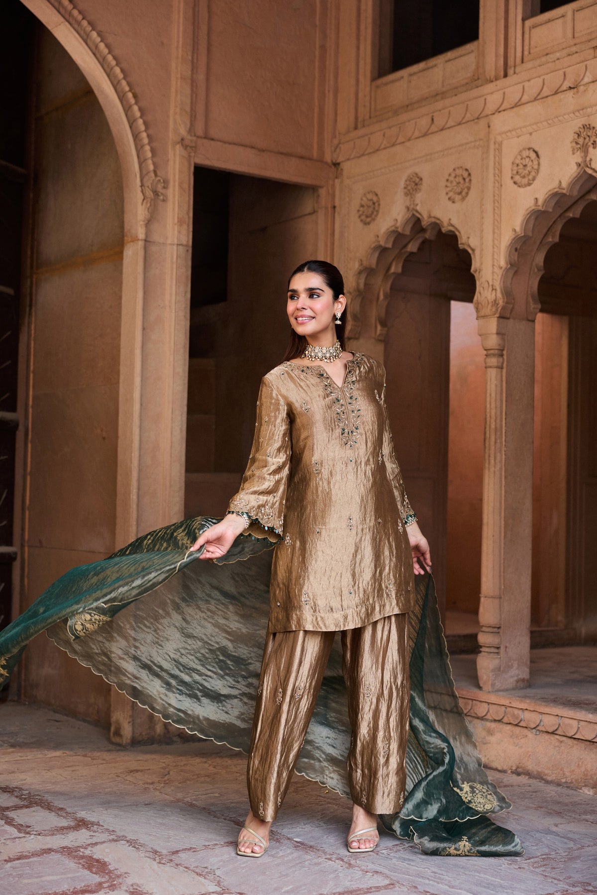 SHAHBANO SILK TISSUE HANDCRAFTED GOLD KURTA SET WITH FARSHI SALWAR