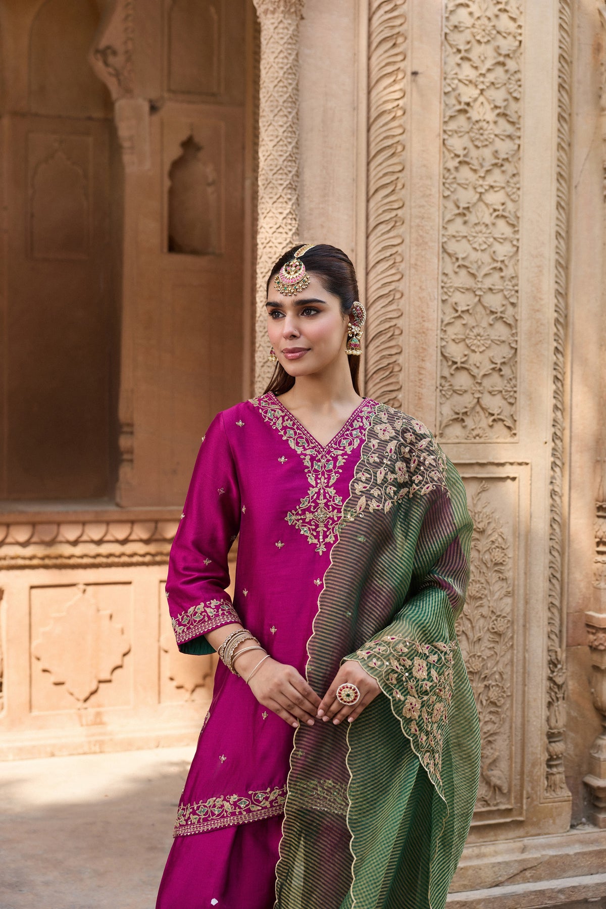 REET SILK CHANDERI HANDCRAFTED MAGENTA KURTA SET WITH FARSHI SALWAR