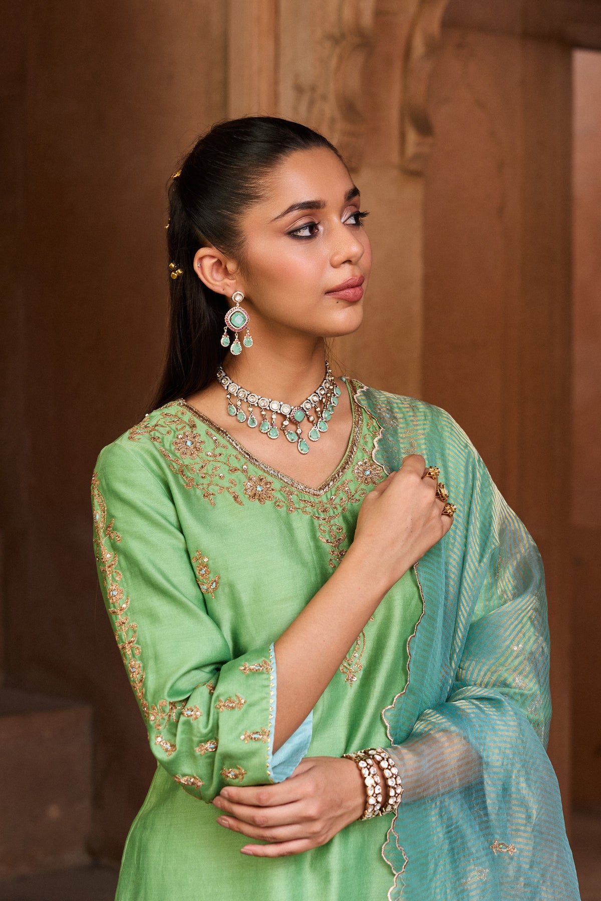 ASMI SILK CHANDERI HANDCRAFTED GREEN STRAIGHT KURTA SET