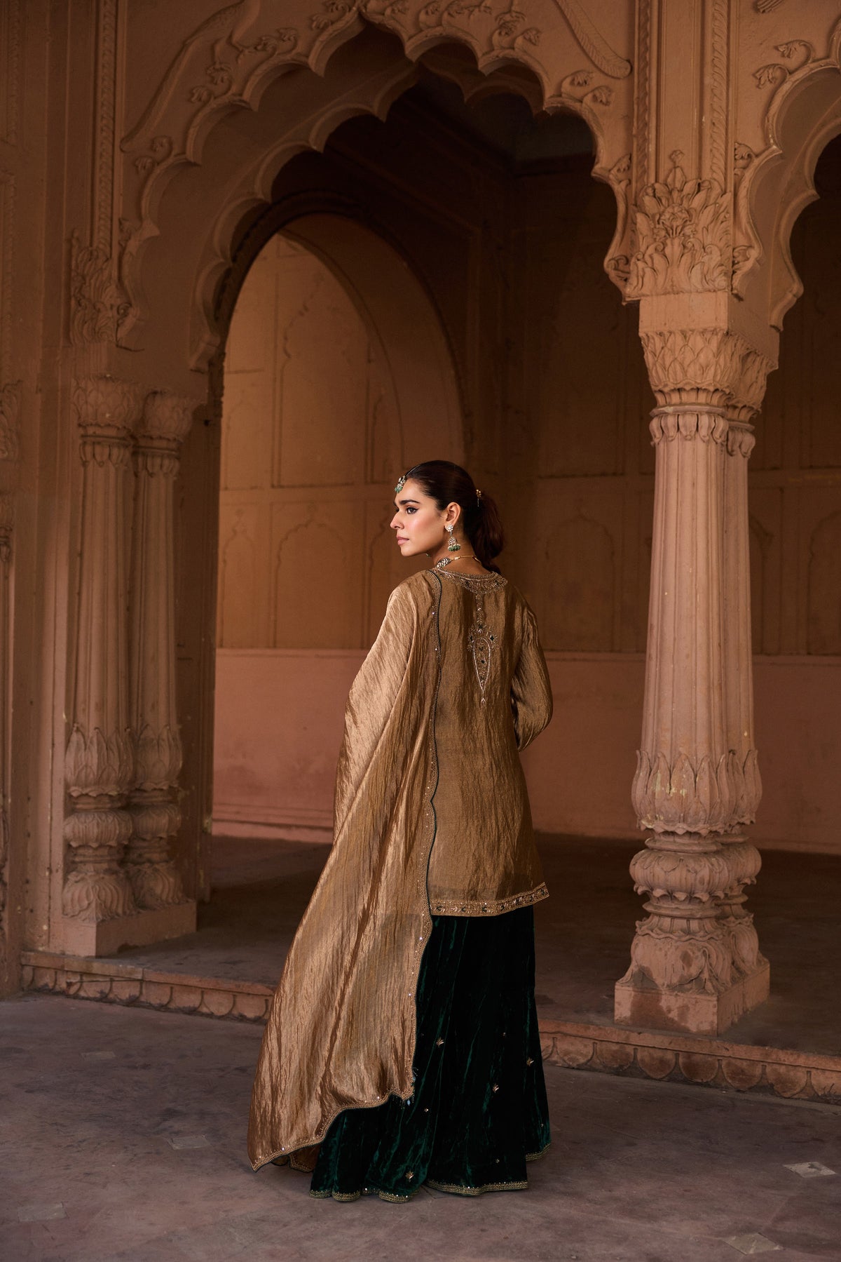 SHABANA SILK TISSUE HANDCRAFTED GOLD KURTA SET WITH SHARARA