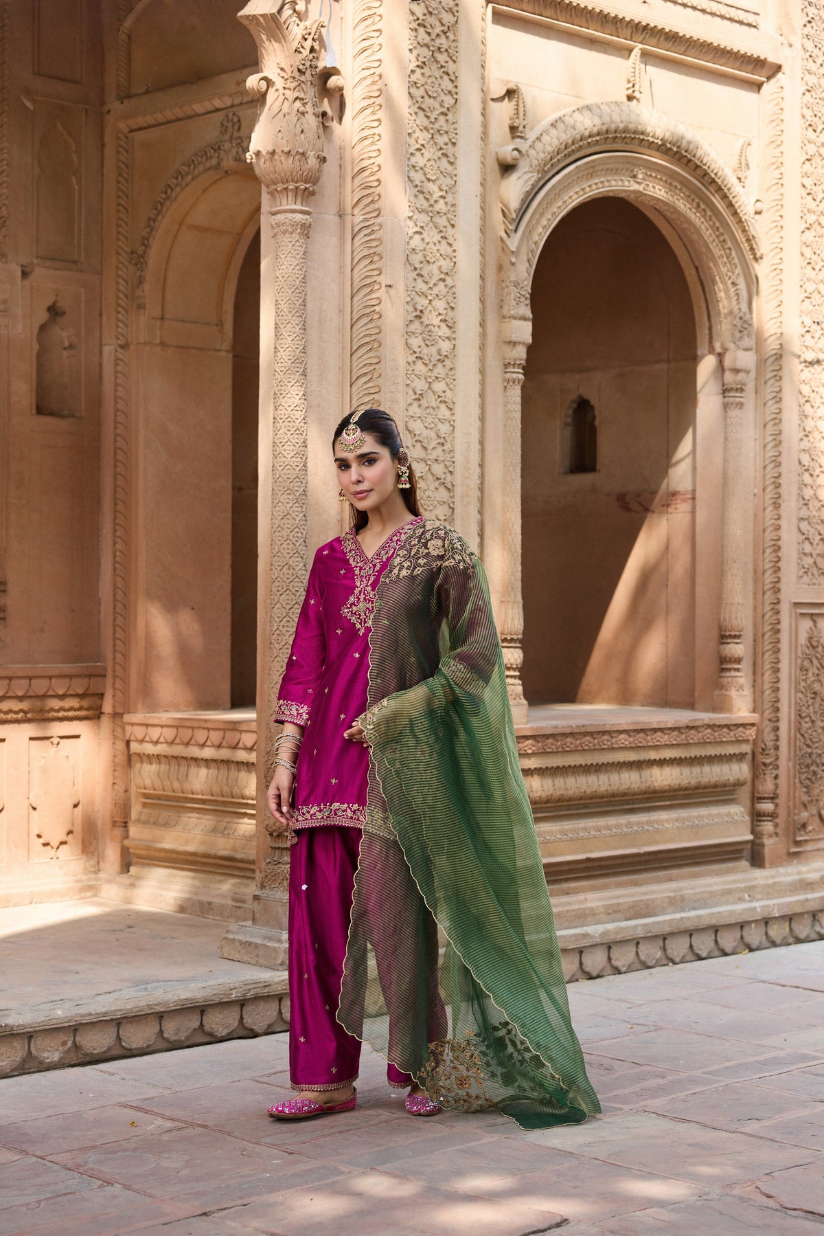 REET SILK CHANDERI HANDCRAFTED MAGENTA KURTA SET WITH FARSHI SALWAR