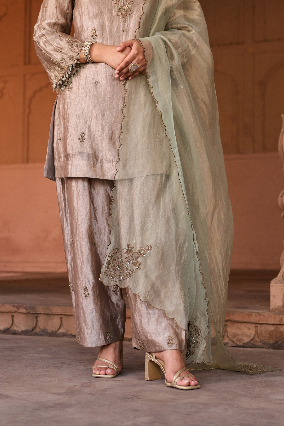 SHAHBANO SILK TISSUE HANDCRAFTED SILVER KURTA SET WITH FARSHI SALWAR