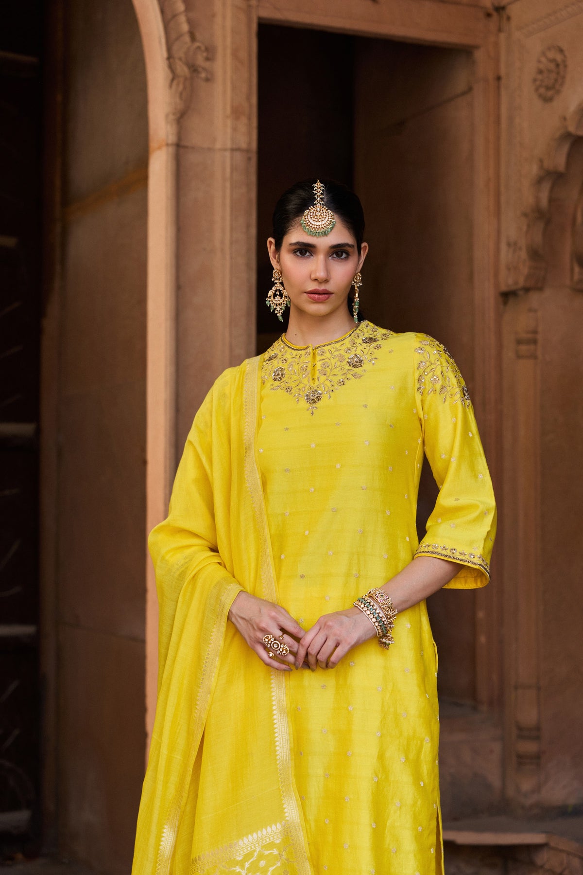 RUKMINI BANARASI CHANDERI JACQUARD HANDCRAFTED YELLOW STRAIGHT KURTA SET
