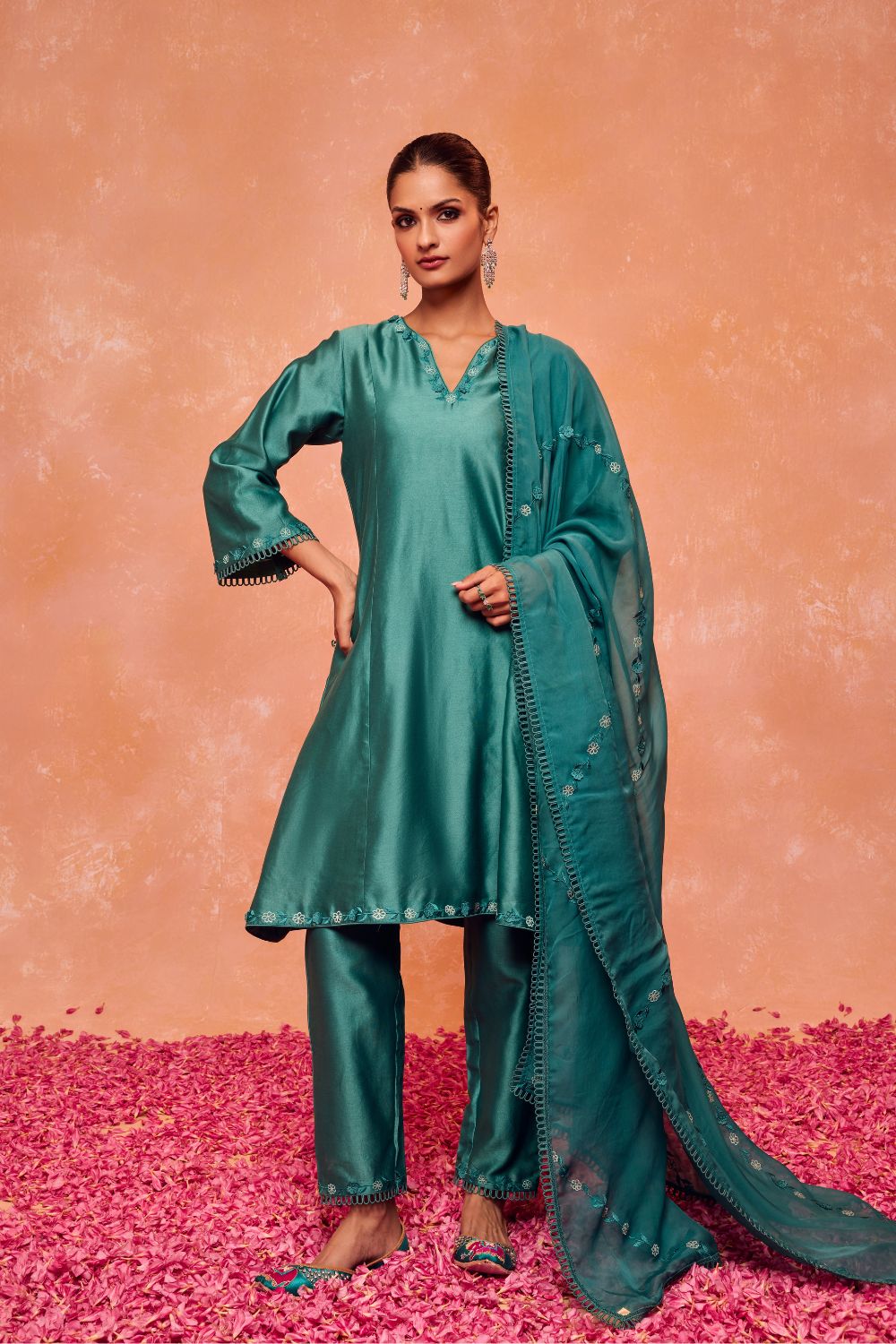 NAIRA TEAL SILK CHANDERI HANDCRAFTED KURTA SET
